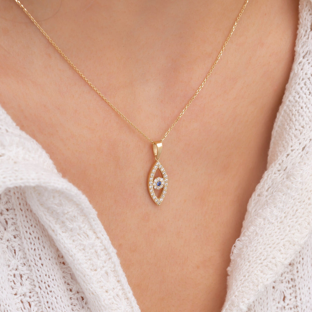 14K Gold Sapphire Vertical Evil Eye Necklace – Nazar