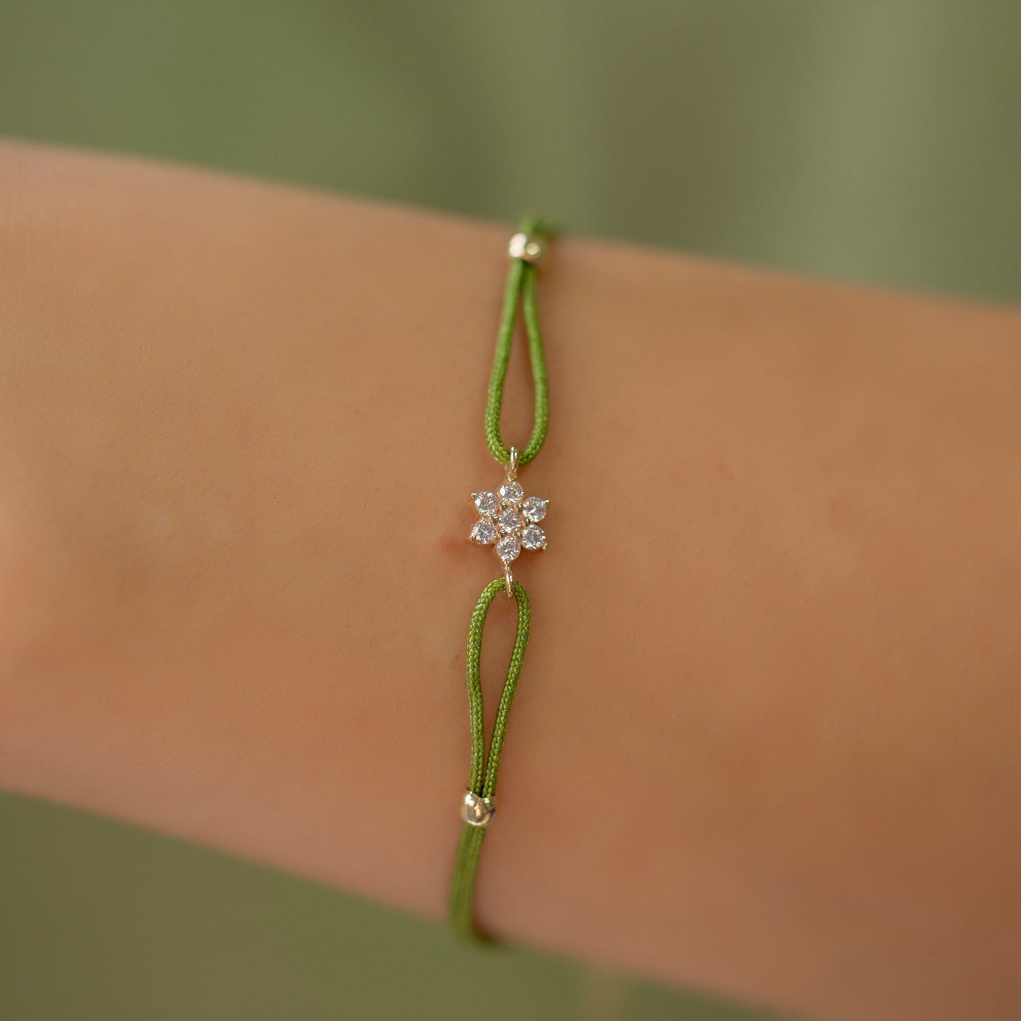 14K Gold Diamond Flower Bracelet on Color Cord – Corde