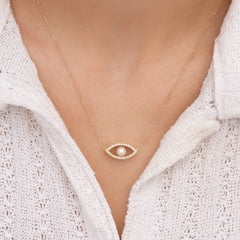 14K Gold Pearl Evil Eye Necklace – Nazar
