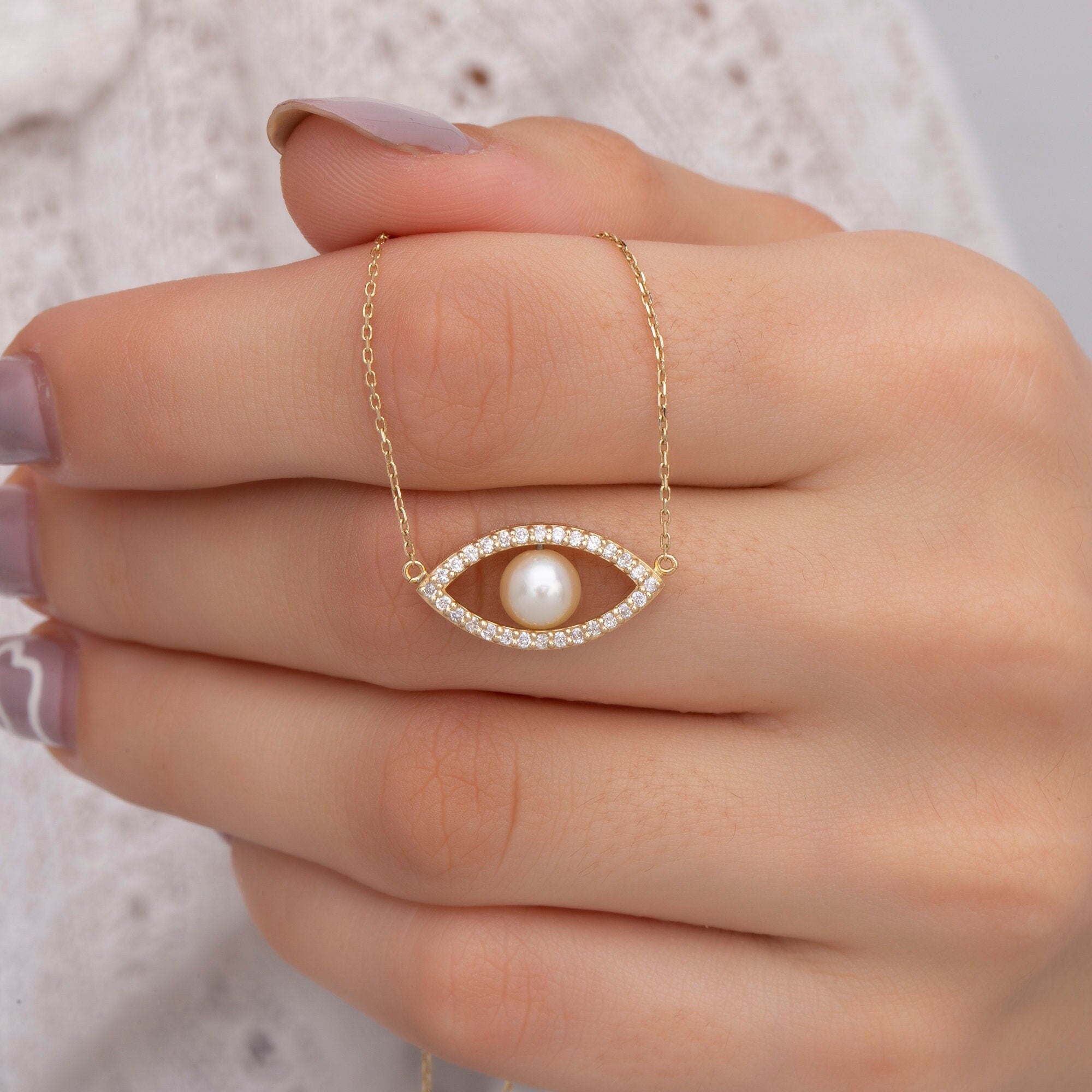 14K Gold Pearl Evil Eye Necklace – Nazar