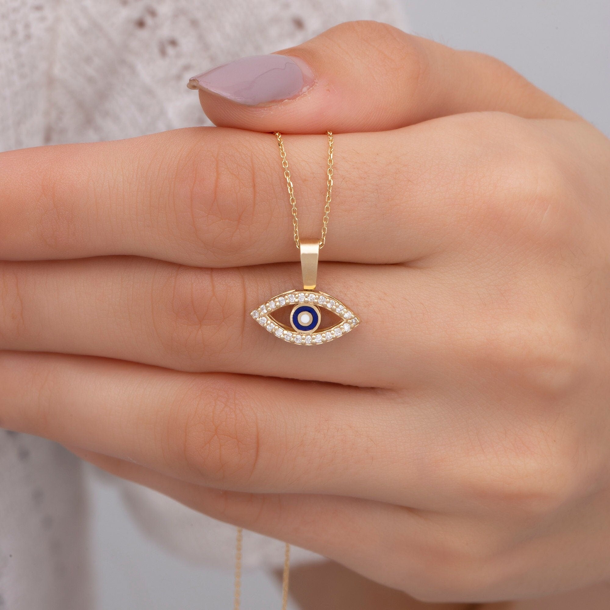 14K Gold Sapphire Double-Sided Enamel Evil Eye Necklace – Nazar