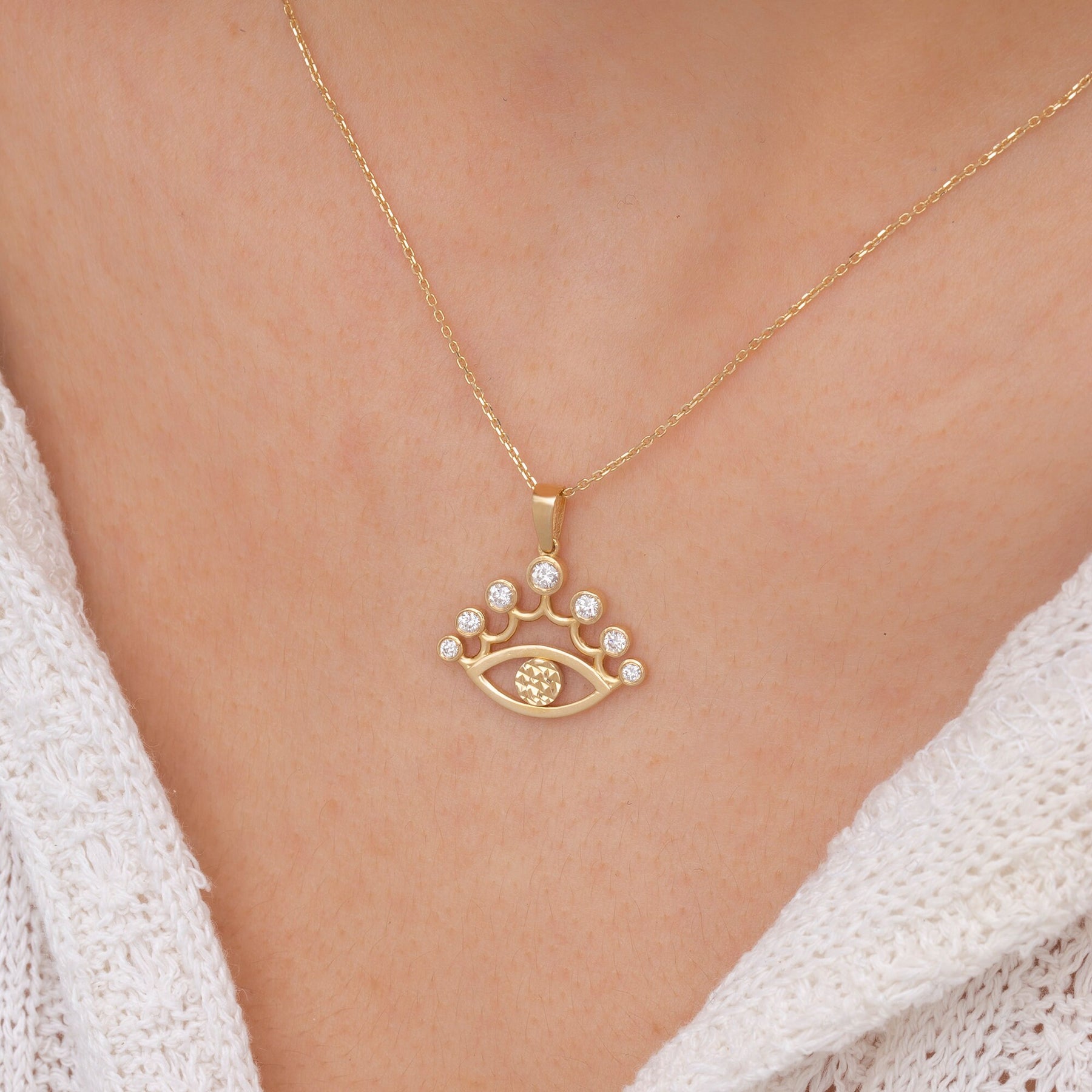 14K Gold Diamond Crown Eyelash Evil Eye Necklace – Nazar