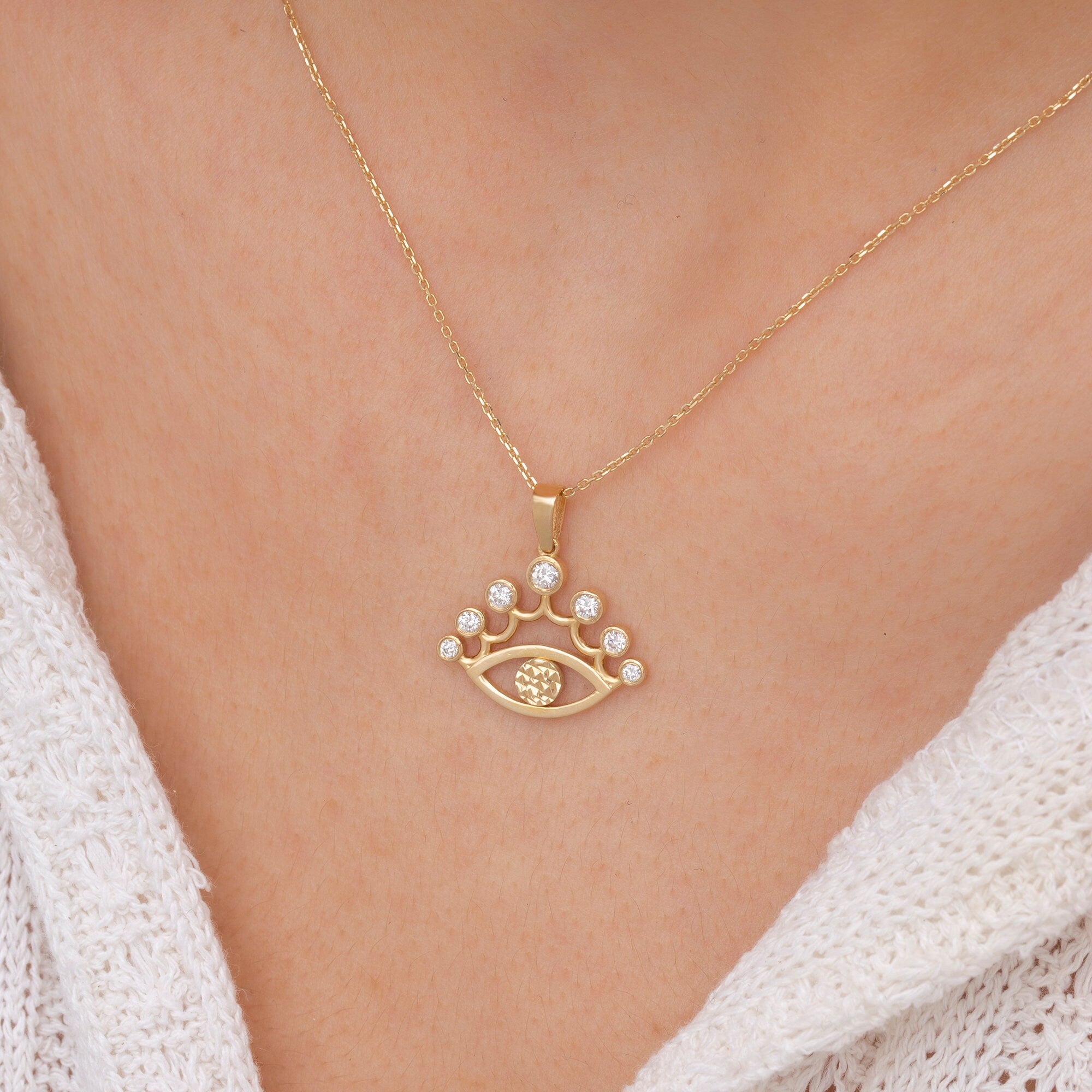 14K Gold Diamond Crown Eyelash Evil Eye Necklace – Nazar
