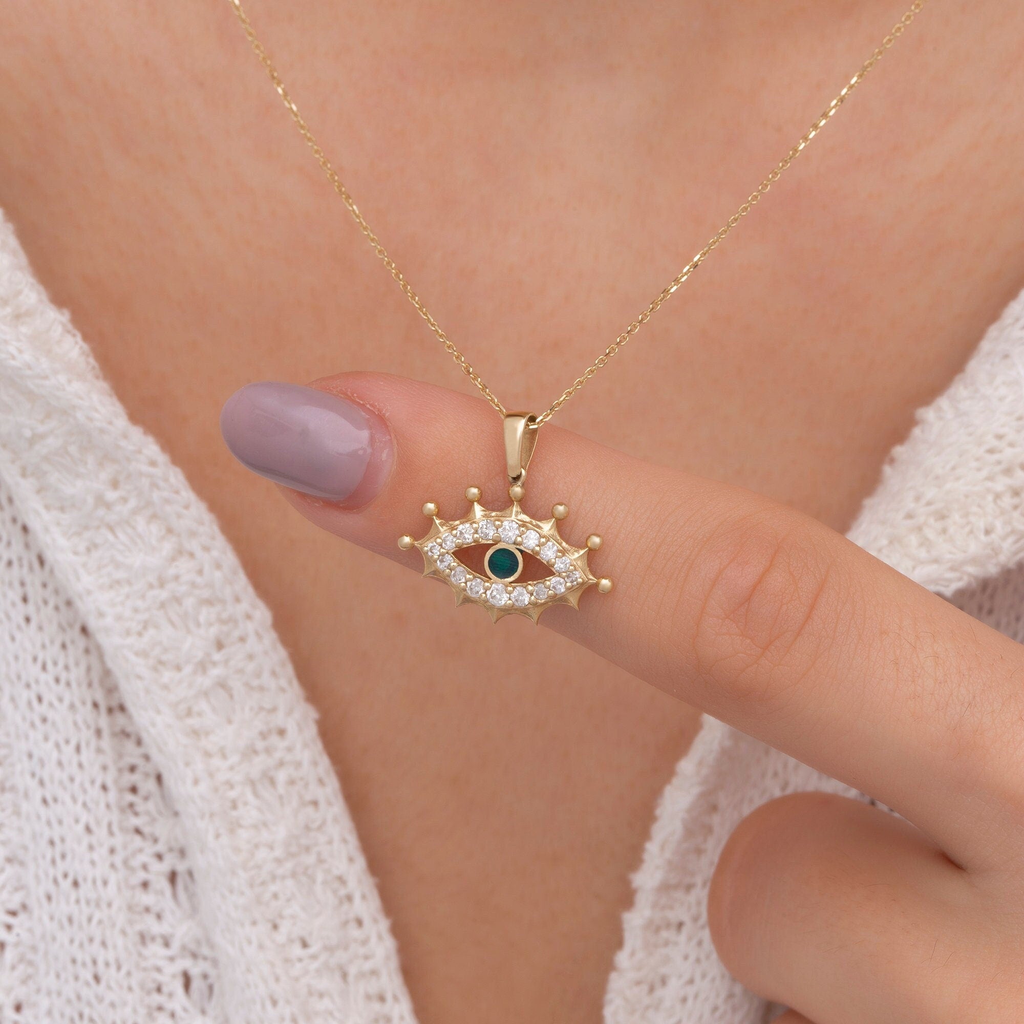 14K Gold Green Enamel Evil Eye Necklace – Nazar