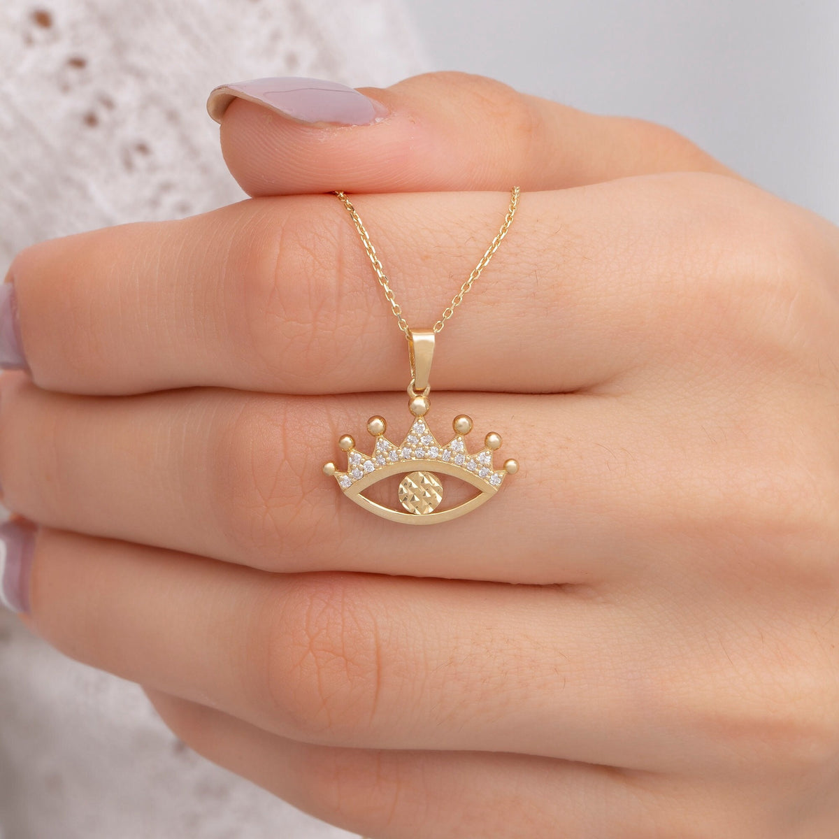 14K Gold Diamond Crown Eyelash Eye Necklace – Nazar