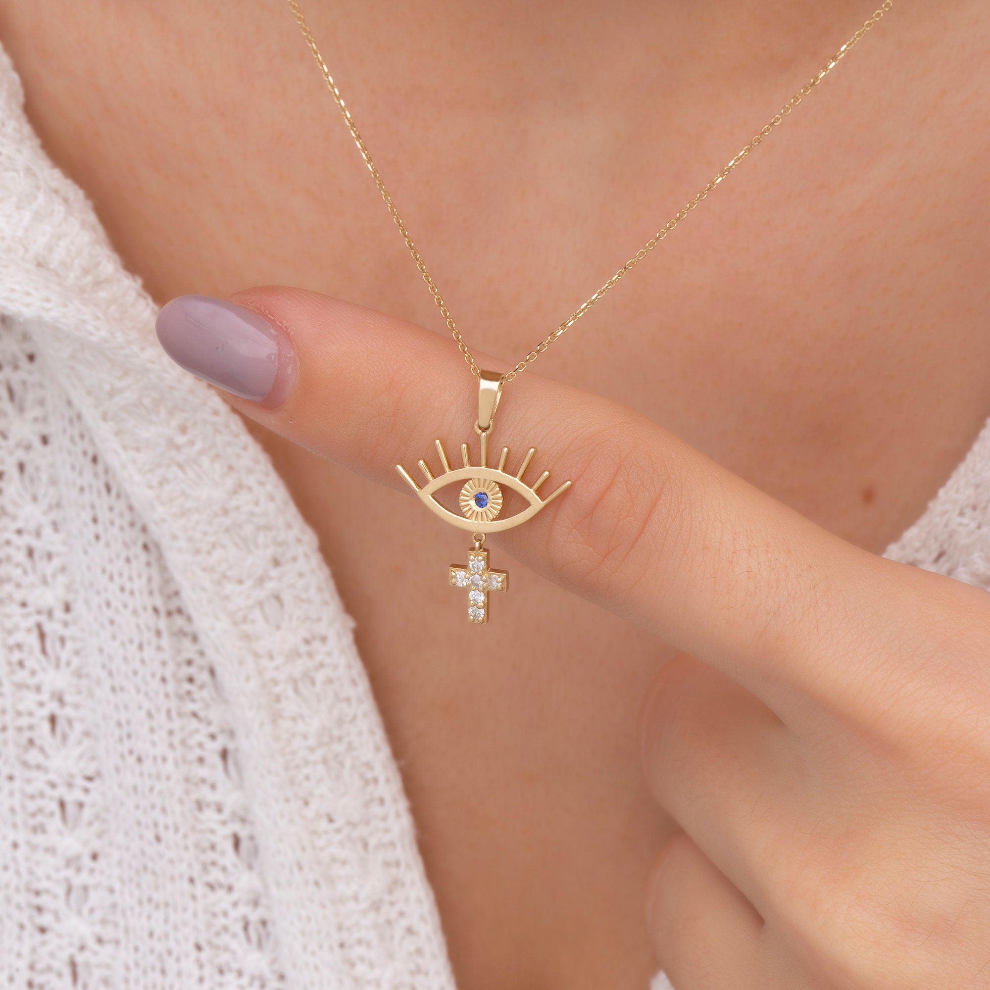 14K Gold Diamond Evil Eye with Cross Charm Necklace – Nazar