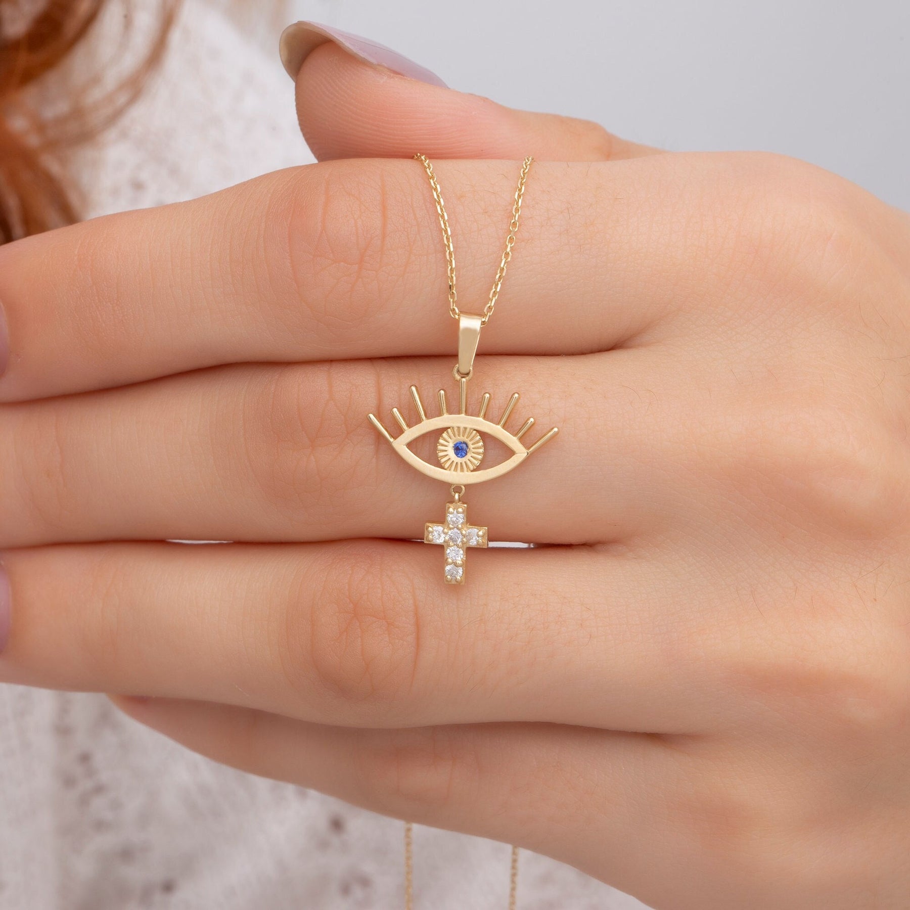 14K Gold Diamond Evil Eye with Cross Charm Necklace – Nazar