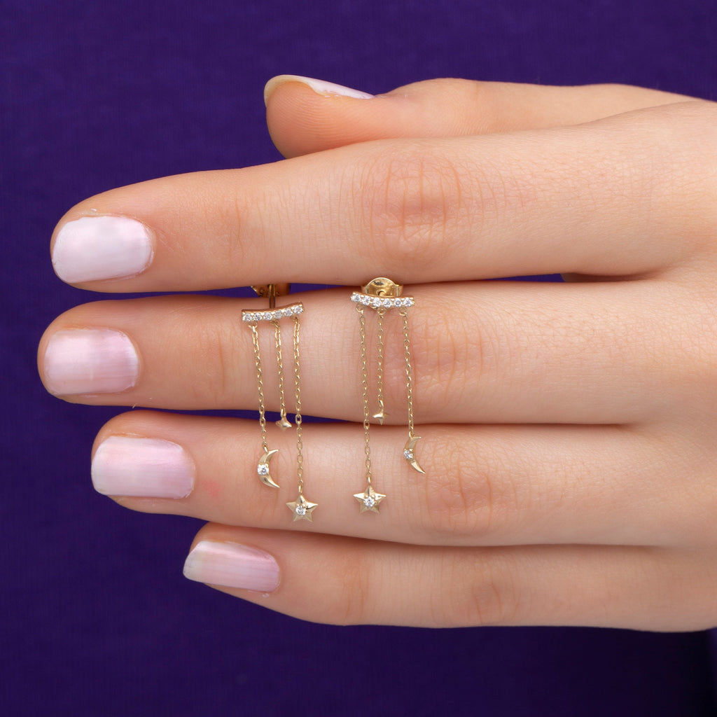 14K Gold Diamond Moon & Star Drop Earrings – Celestia