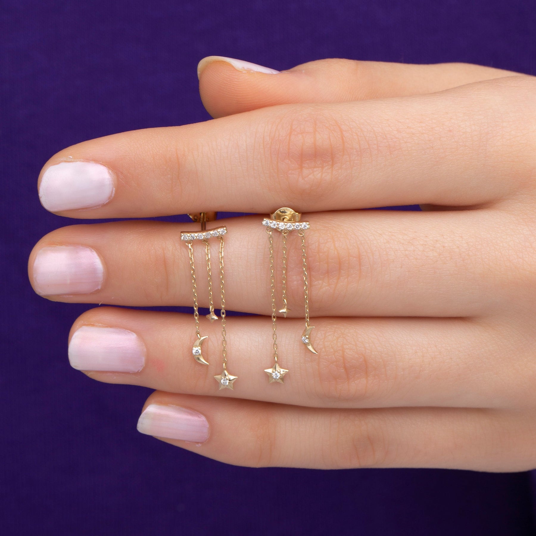 14K Gold Diamond Moon & Star Drop Earrings – Celestia