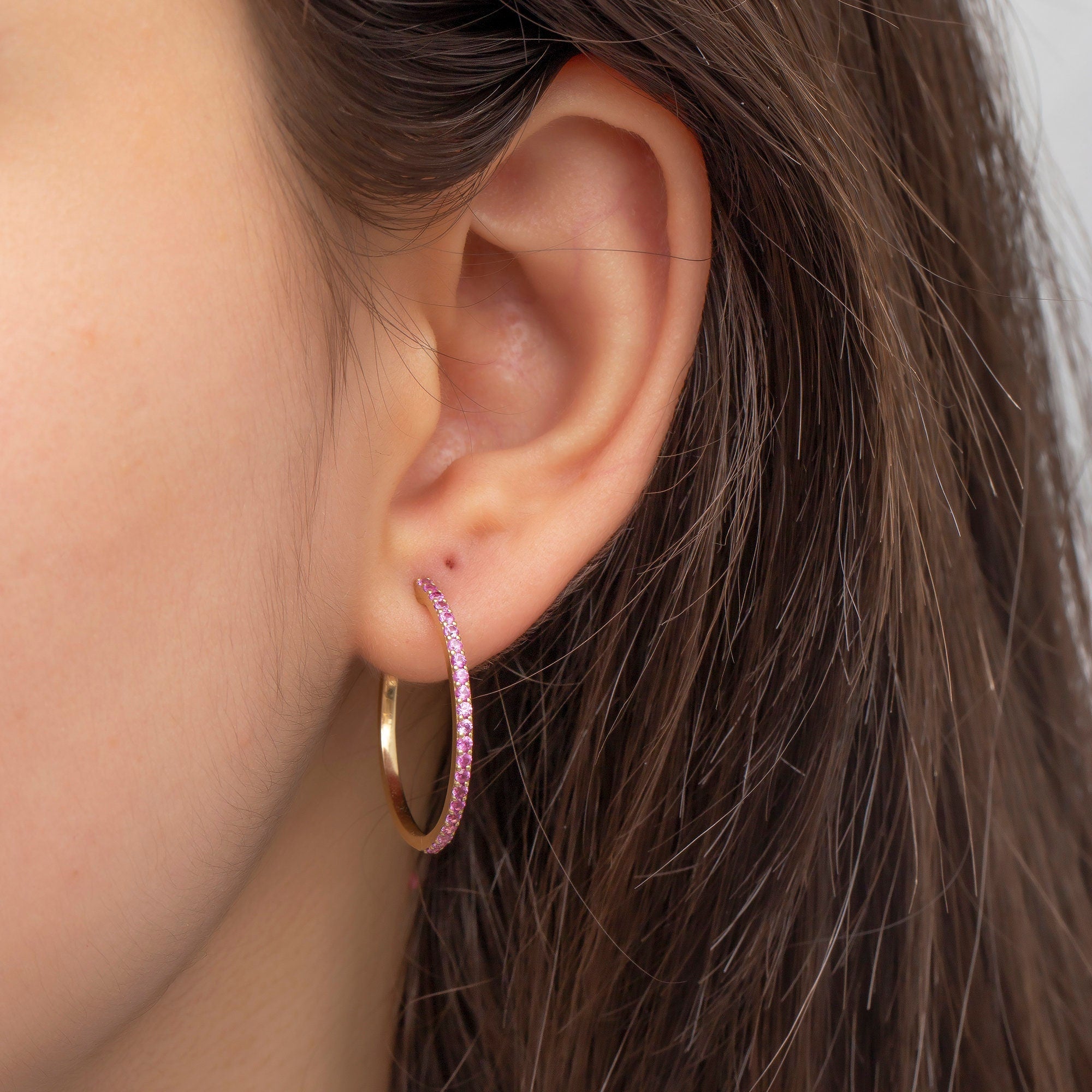 14K Gold Pink Sapphire Hoop Earrings – Rosara