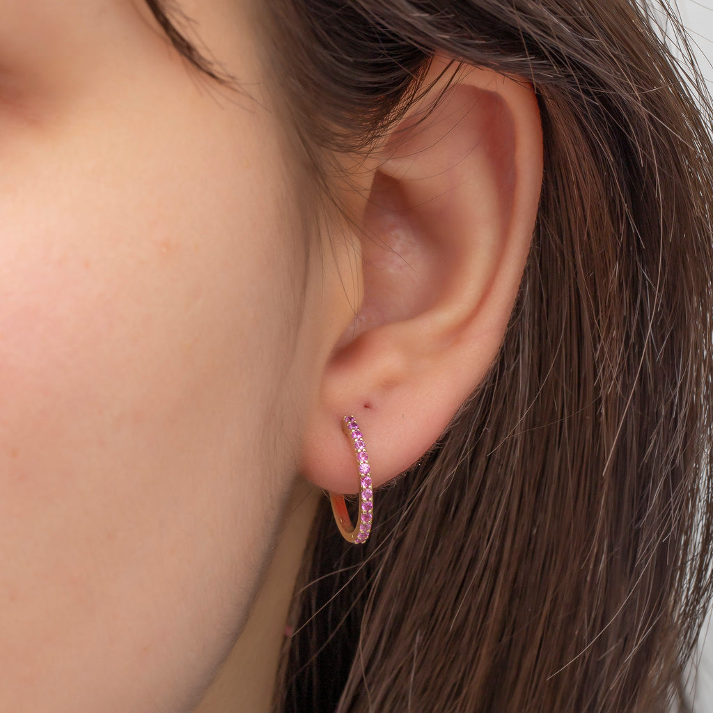14K Gold Pink Sapphire Hoop Earrings – Rosara