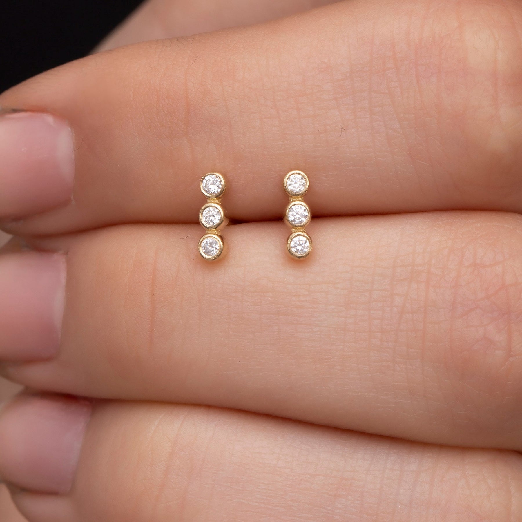 14K Gold Three-Stone Diamond Stud Earrings – Trielle