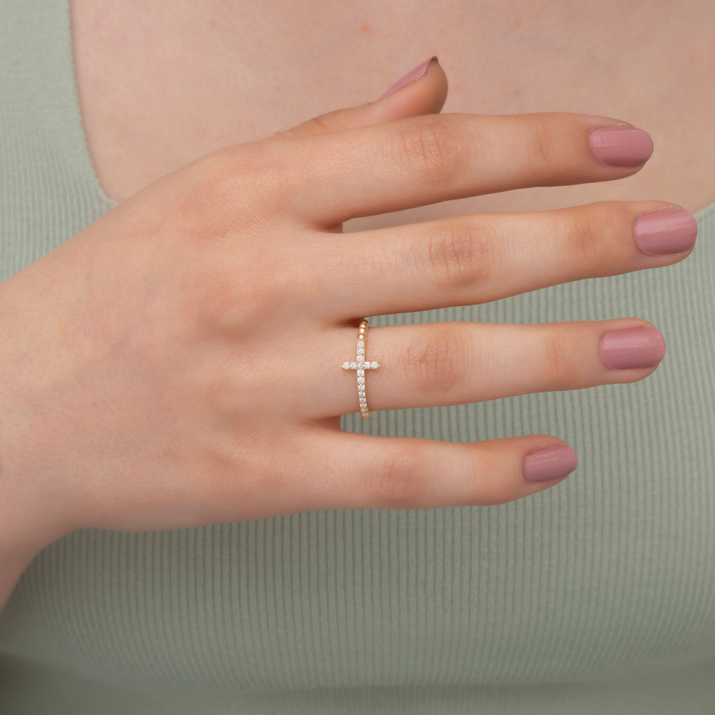 14K Solid Gold Diamond Cross Ring — Verion