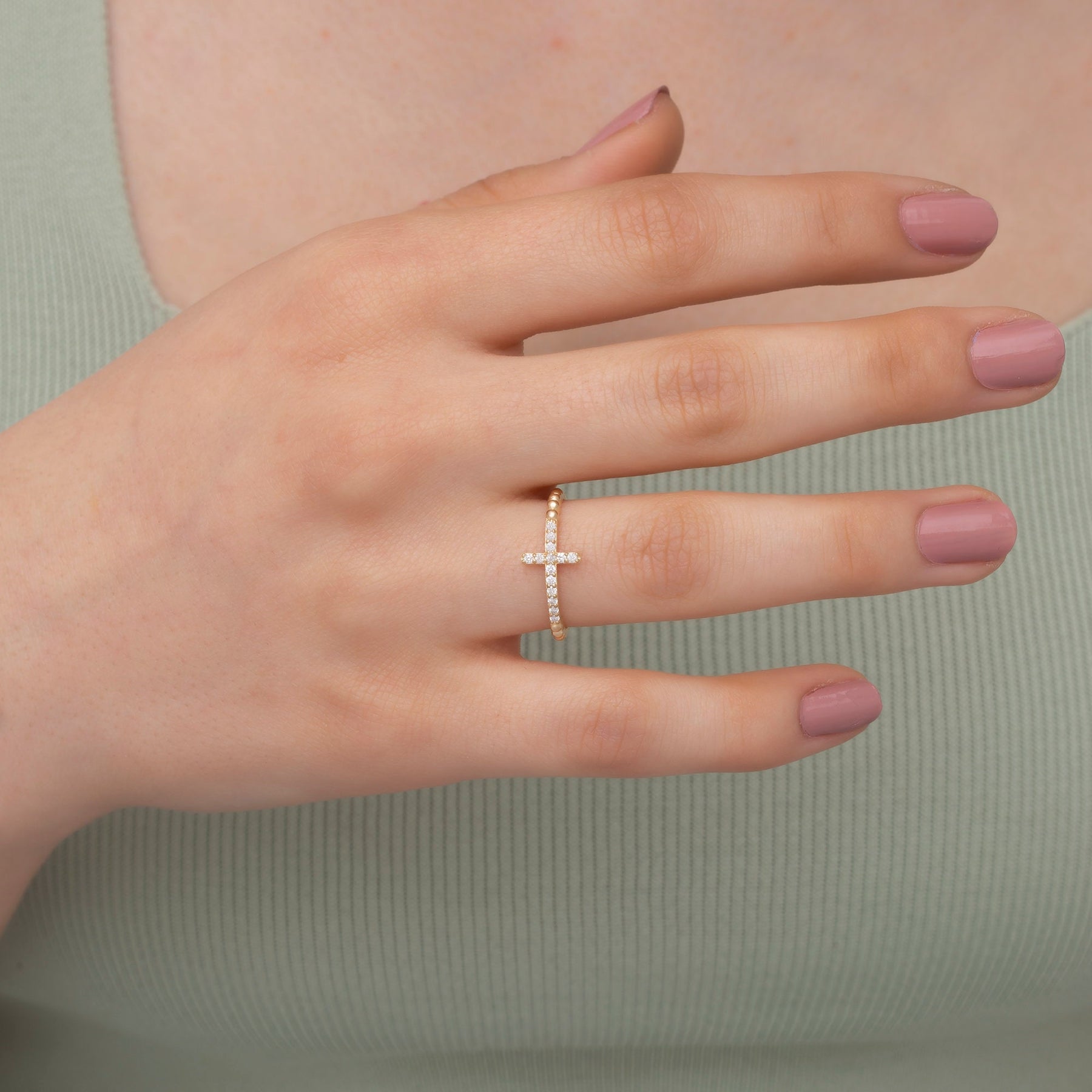 14K Solid Gold Diamond Cross Ring — Verion