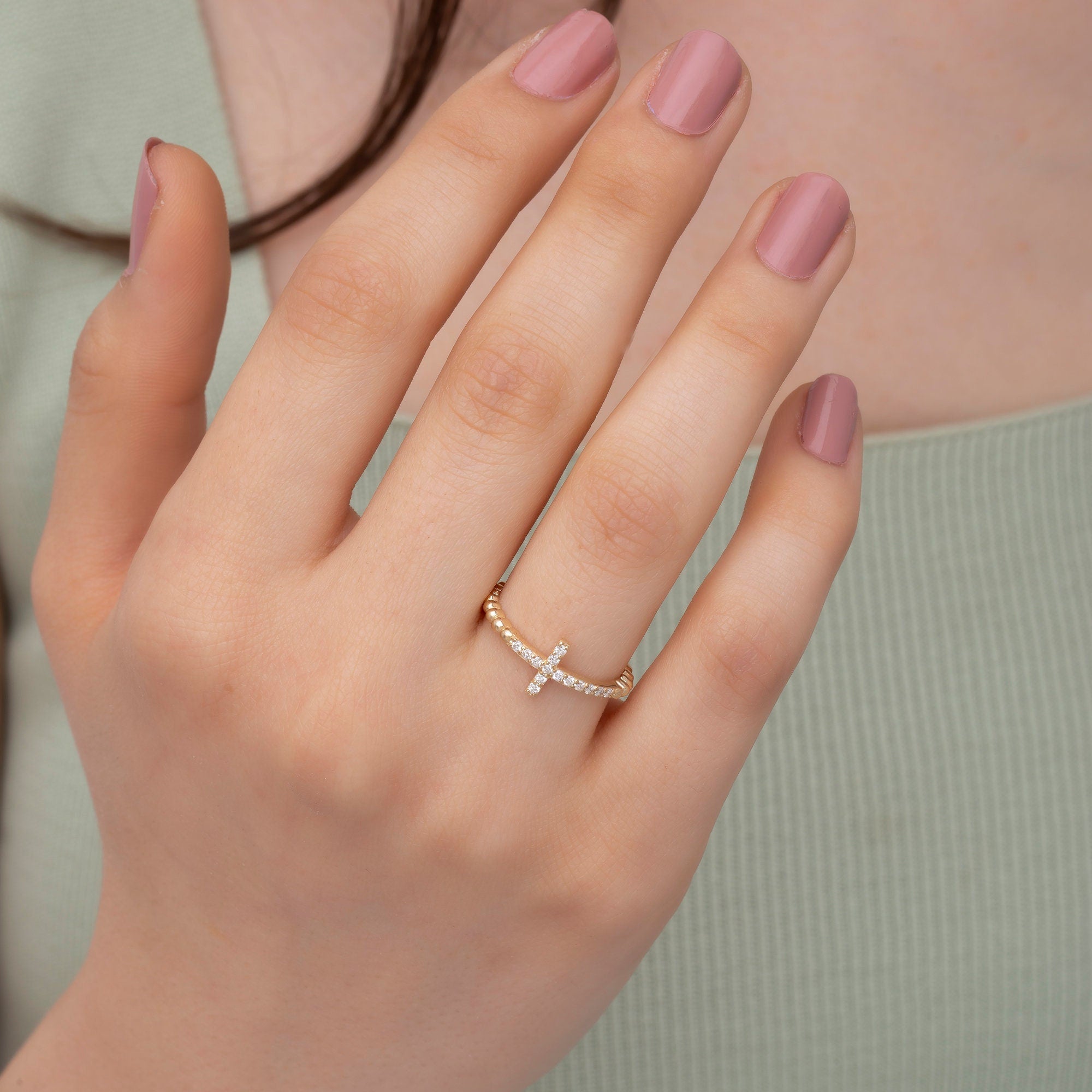 14K Solid Gold Diamond Cross Ring — Verion