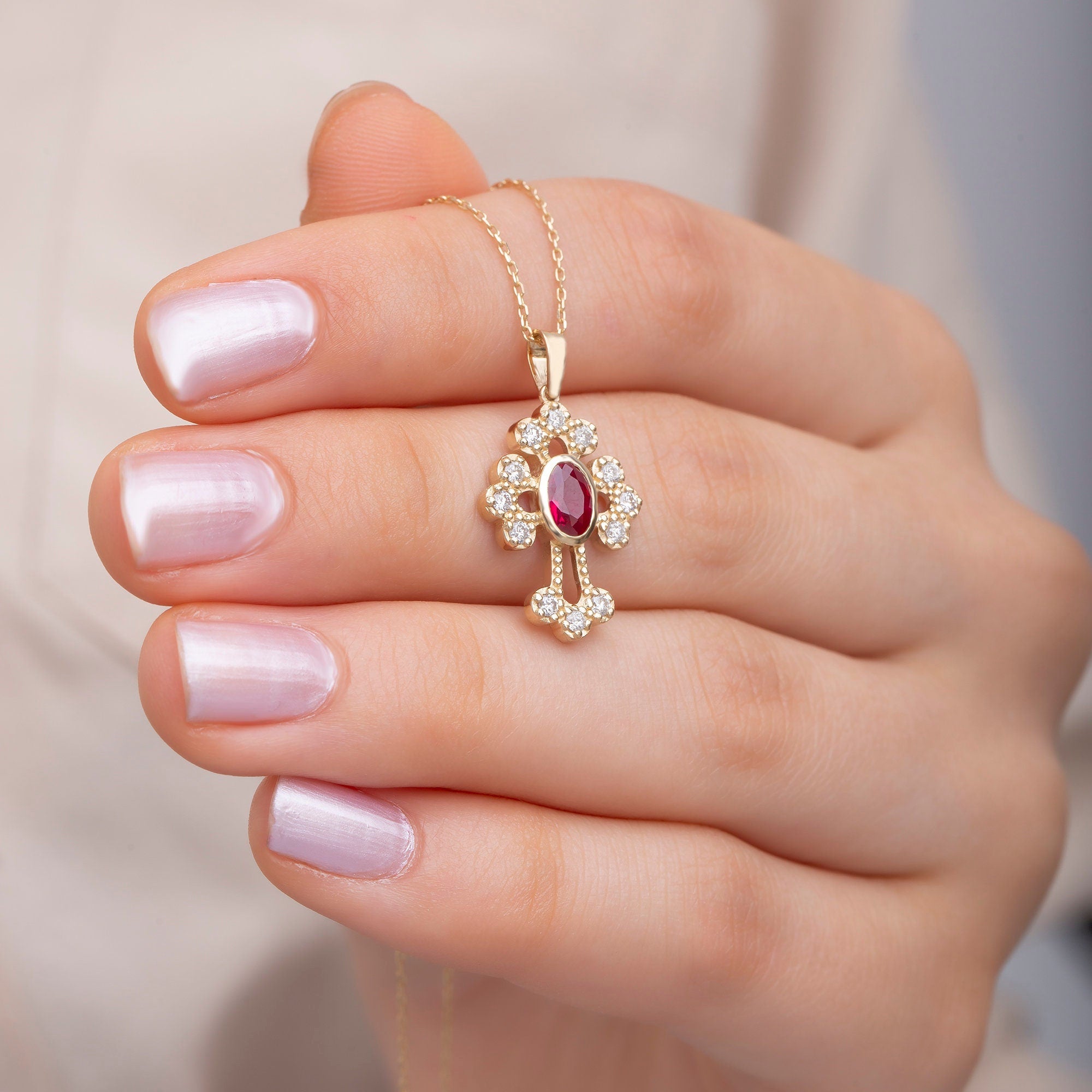 14K Gold Ruby & Diamond Cross Necklace – Ruviel