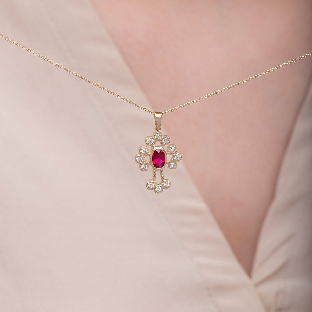 14K Gold Ruby & Diamond Cross Necklace – Ruviel