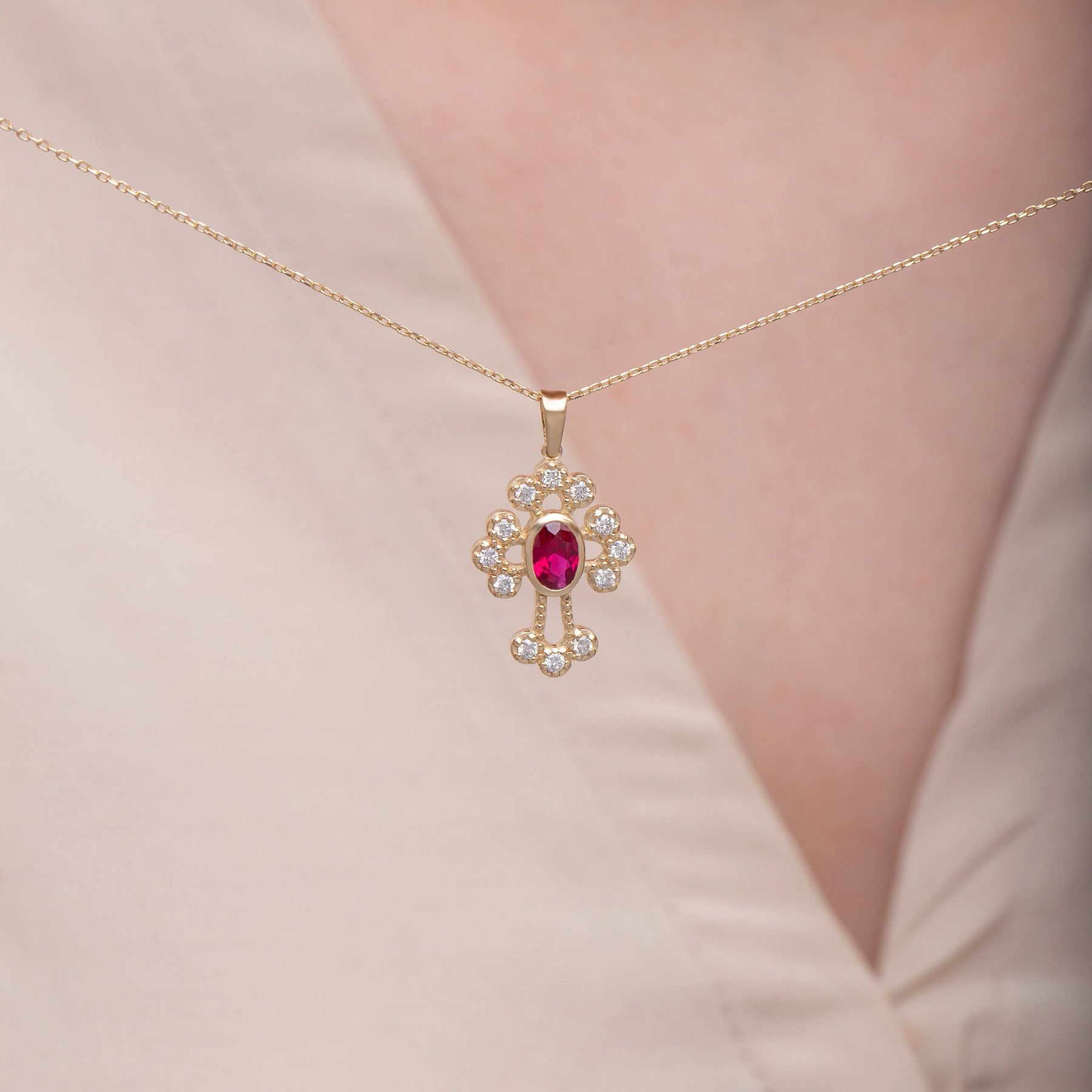 14K Gold Ruby & Diamond Cross Necklace – Ruviel