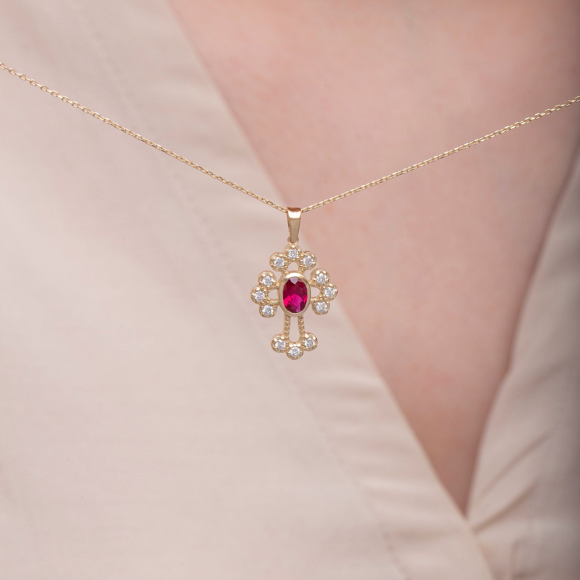 14K Gold Ruby & Diamond Cross Necklace – Ruviel