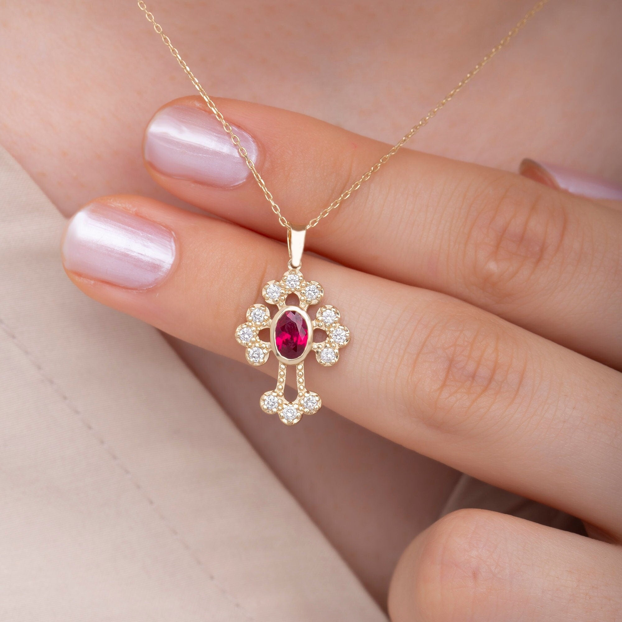 14K Gold Ruby & Diamond Cross Necklace – Ruviel