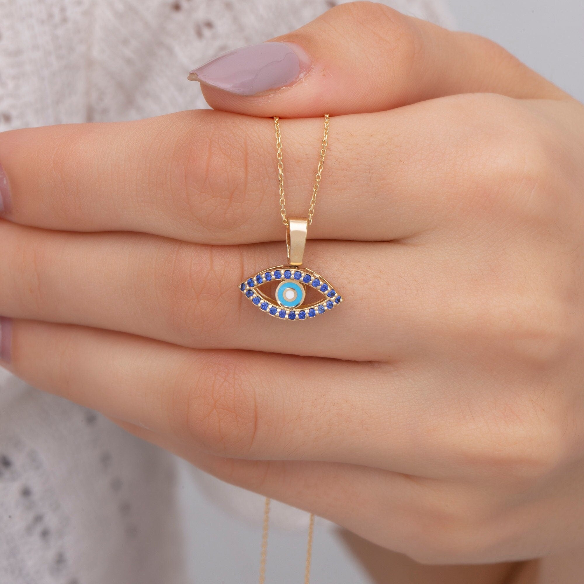 14K Gold Sapphire Double-Sided Enamel Evil Eye Necklace – Nazar