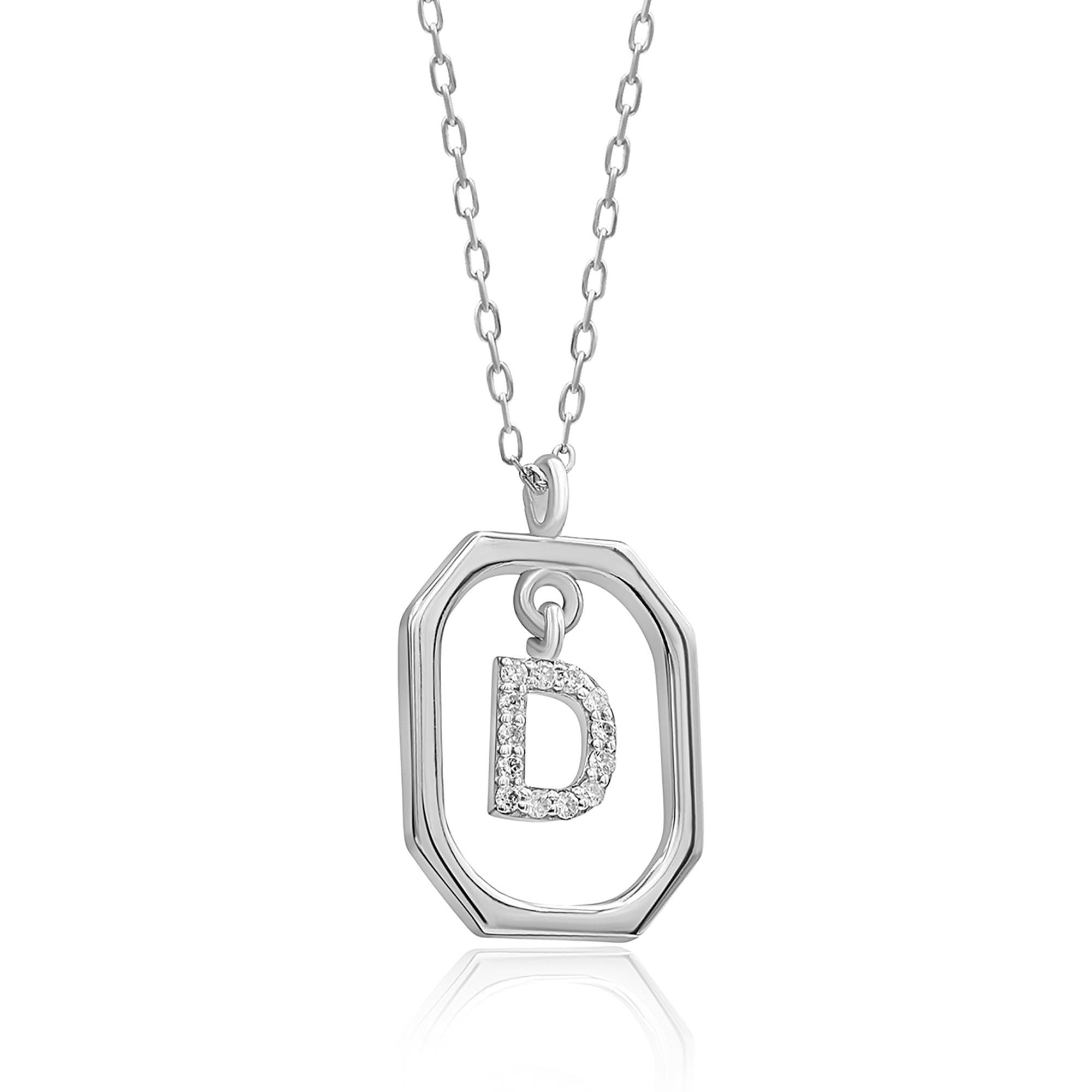 Displayed here is the white gold version of the elegant initial necklace, with a 6mm pendant in a 15mm geometric frame, accented by real diamonds.