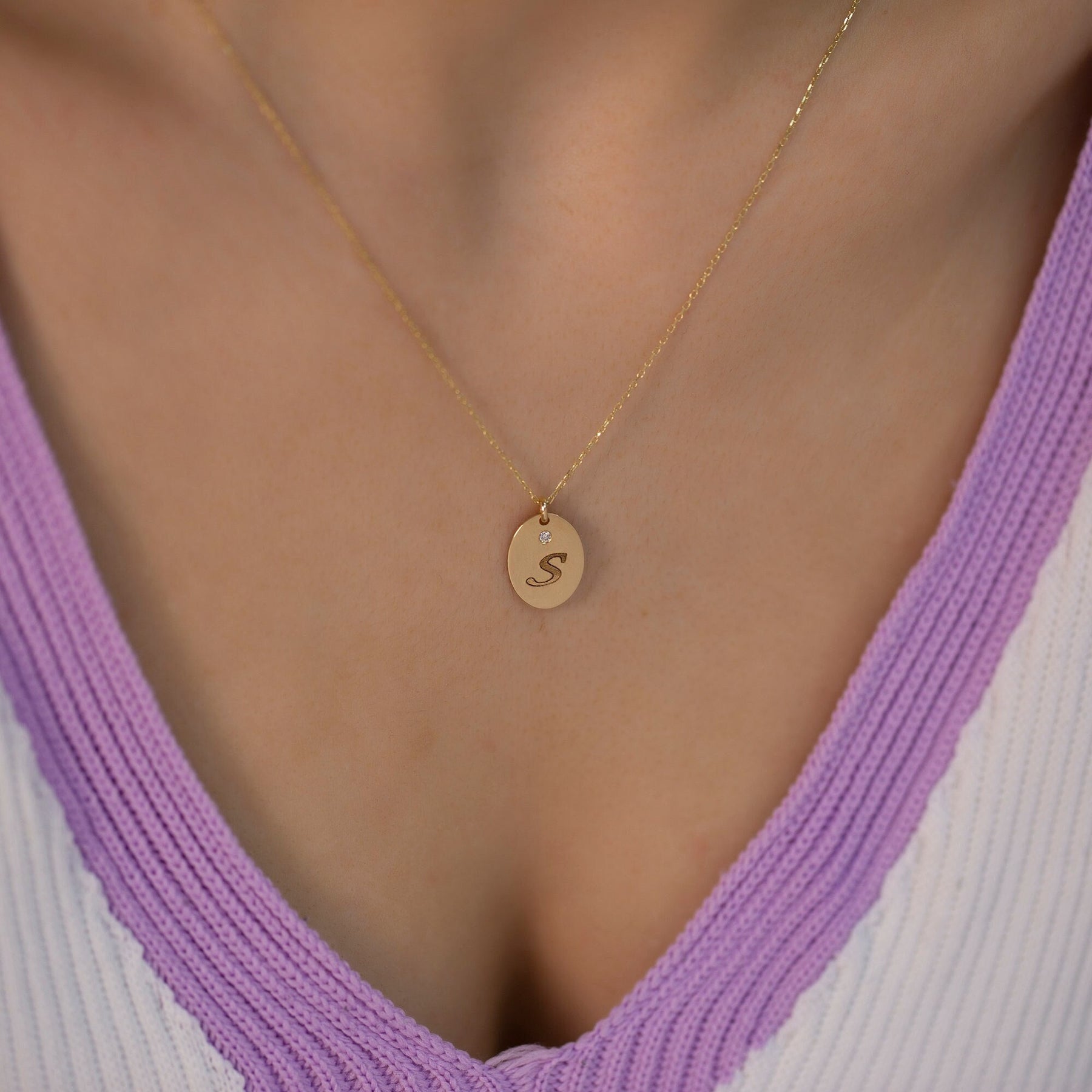 14K Gold Diamond Oval Initial Necklace – Emblem
