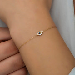 14K Gold Diamond Evil Eye Woman Bracelets/ Diamond Sapphire Evil Eye Bracelet Gift for Her/ Danty Diamond Woman Bracelets/ Gift for Her
