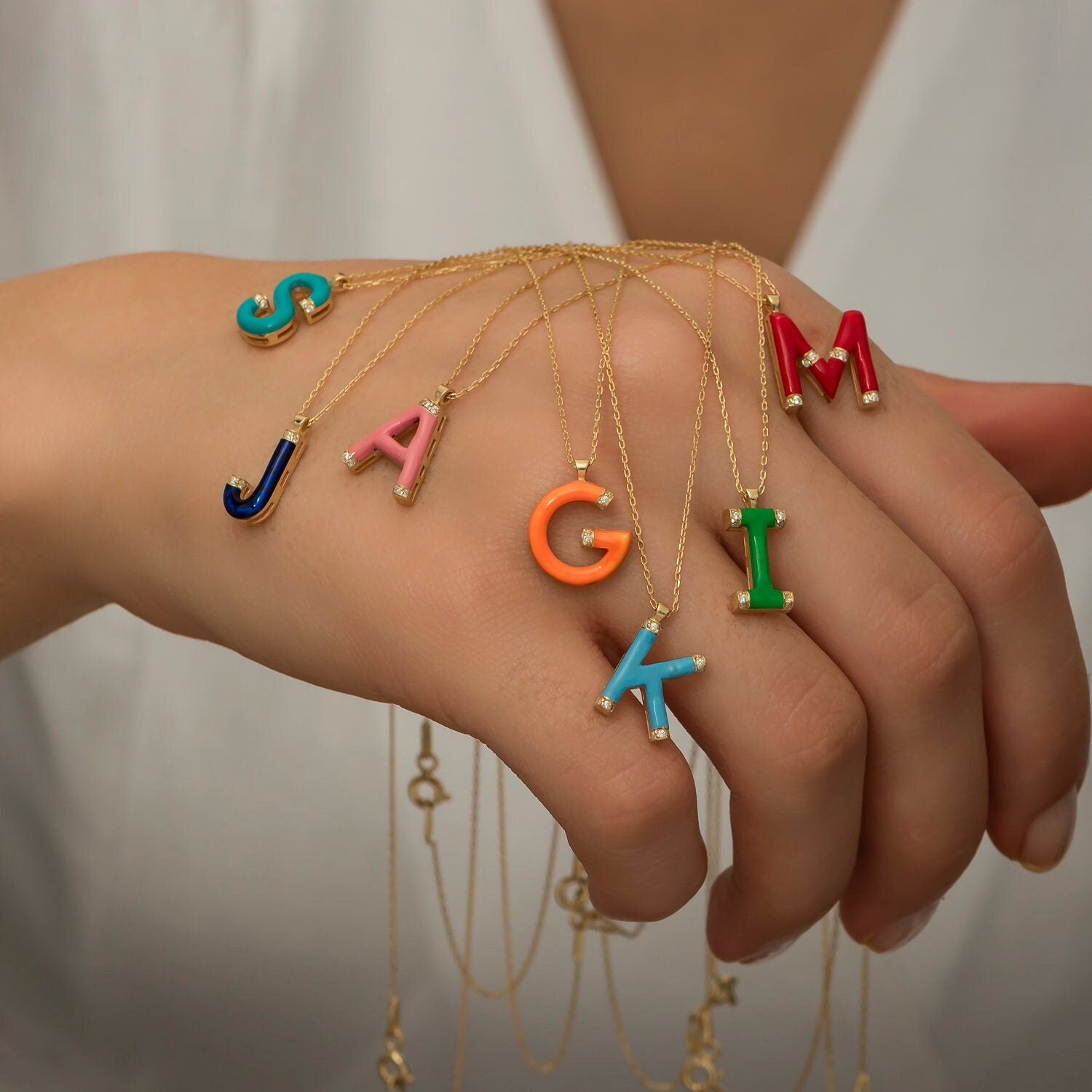 14K Gold Diamond Enamel Initial Necklace – Lureva