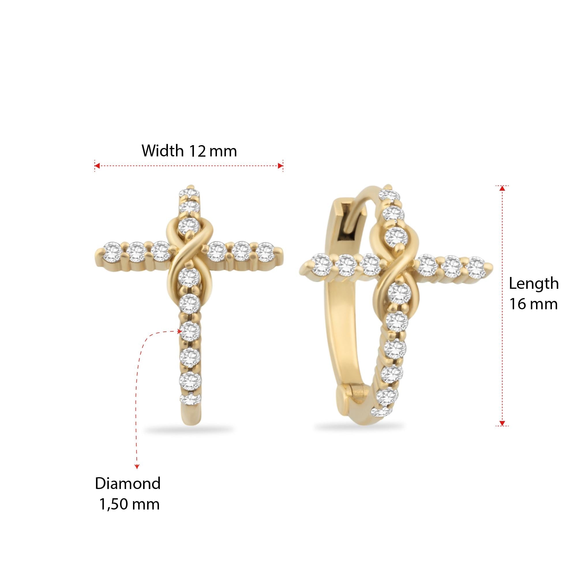 Elegant 14K gold cross hoop earrings featuring a 16mm hoop diameter and a 12mm wide cross design. Adorned with 1.5mm diamonds, these dainty earrings make a perfect Christian communion jewelry gift for her.