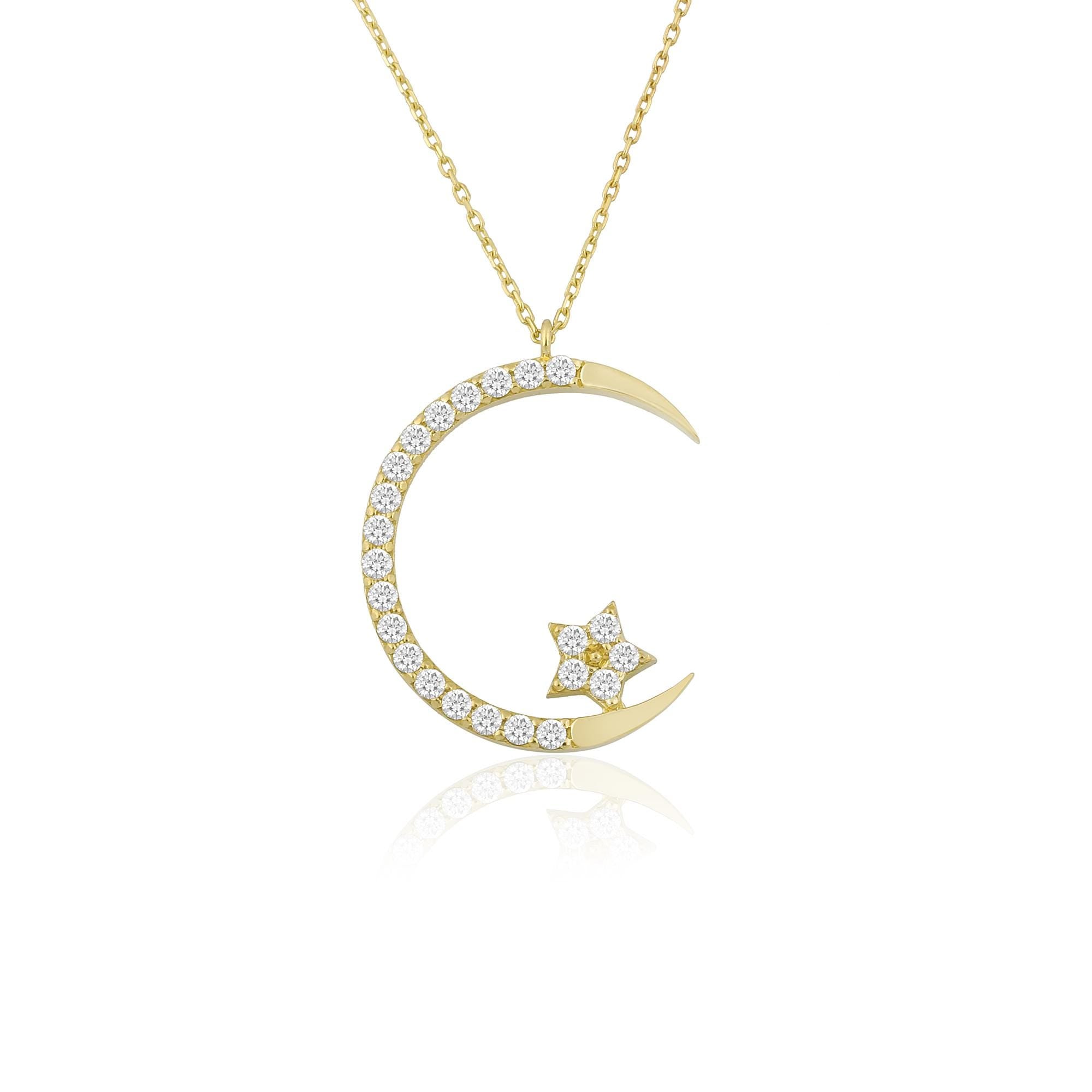 14K Gold Diamond Crescent Moon & Star Necklace – Caelia