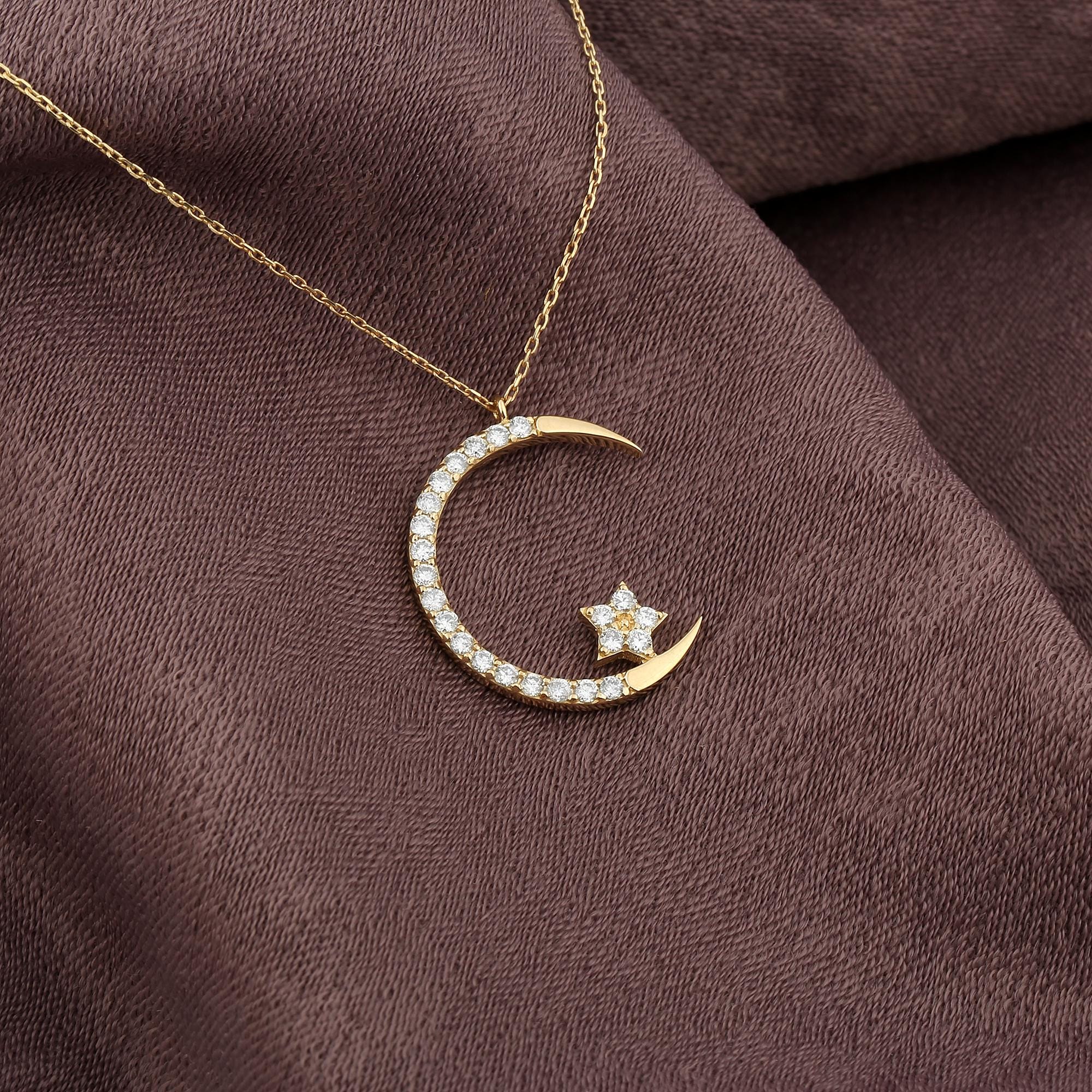 14K Gold Diamond Crescent Moon Star Necklace / Diamond Moon and Star Necklace for Woman/ Dainty Diamond Moon Star Necklace Gift for Her