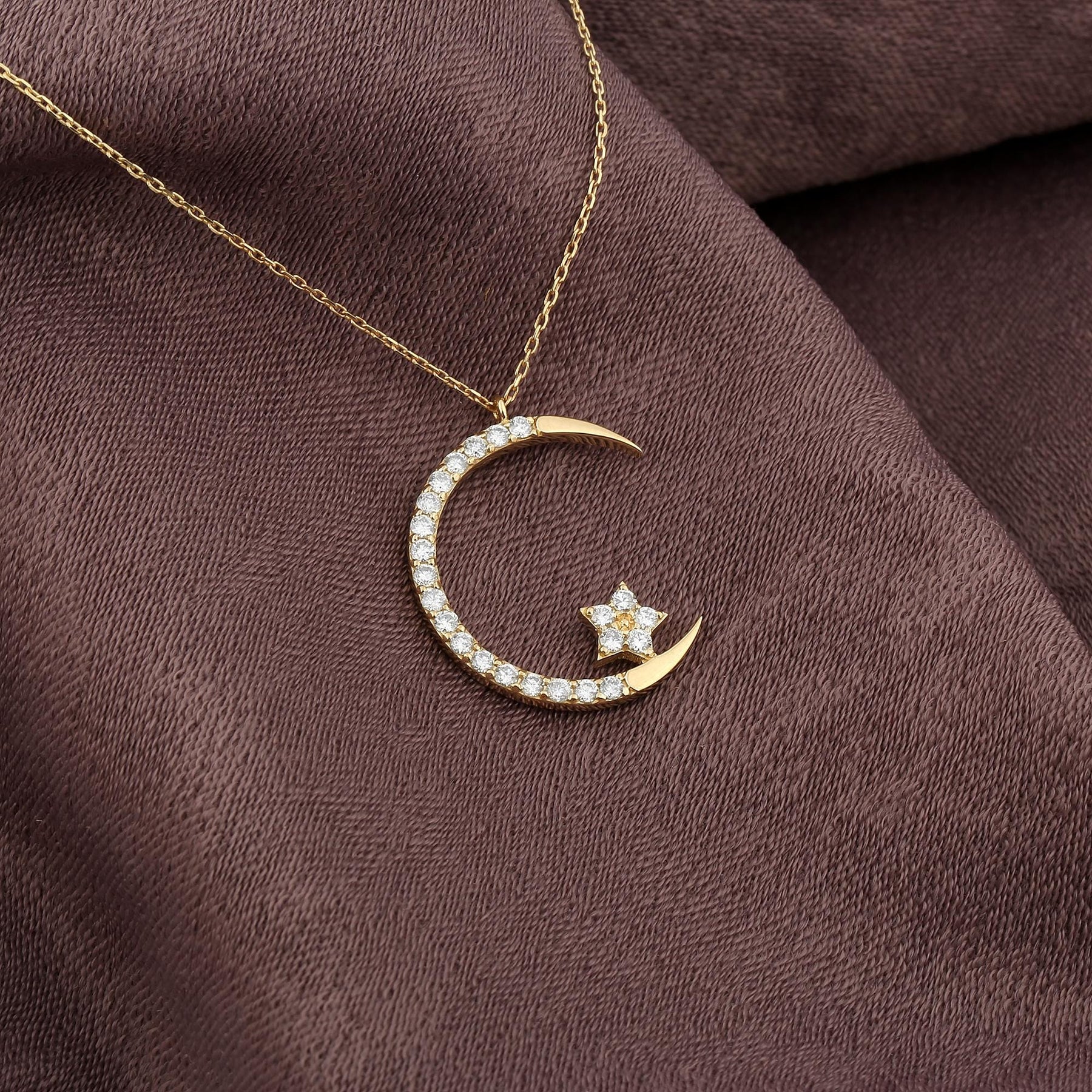 14K Gold Diamond Crescent Moon & Star Necklace – Caelia