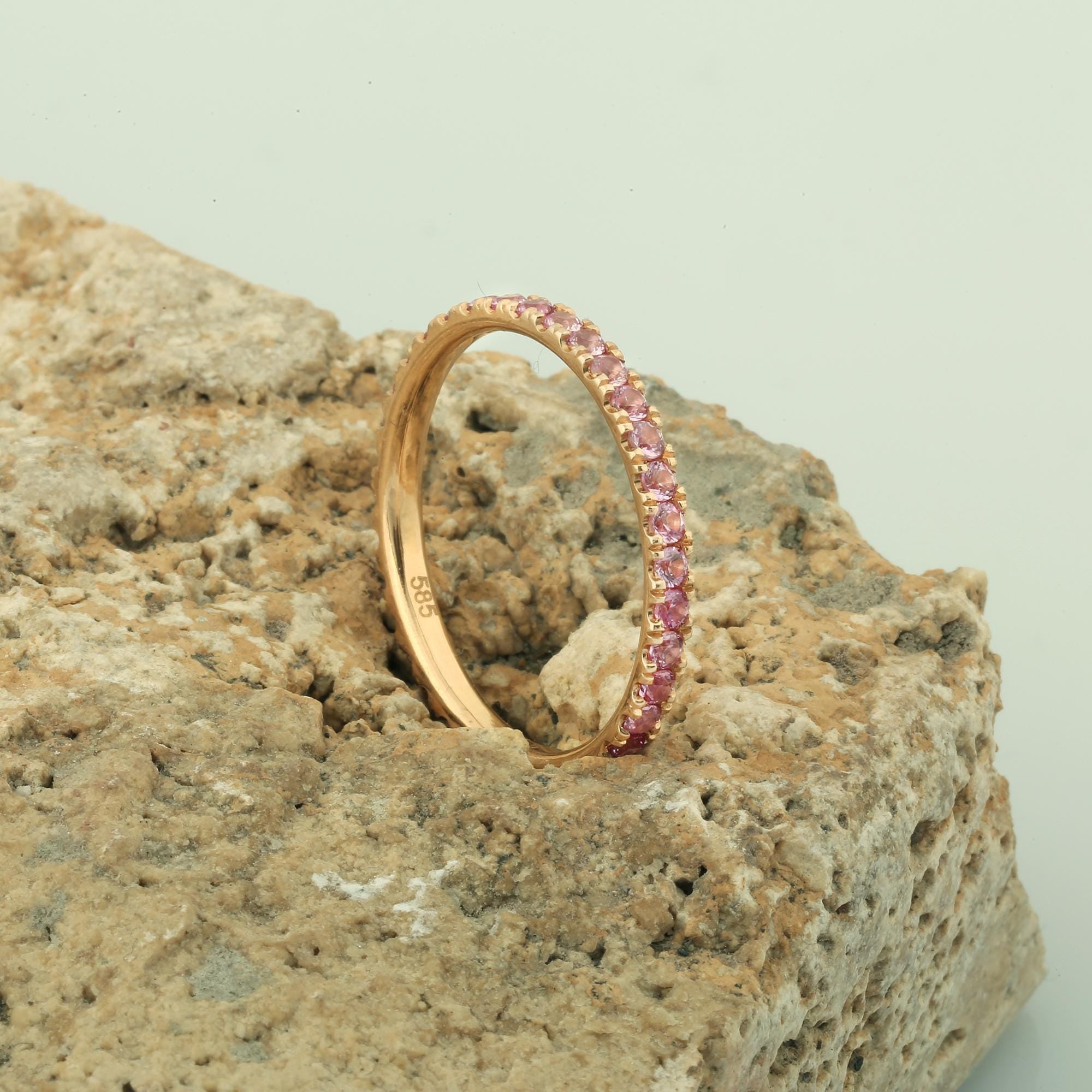14K Gold Pink Sapphire Full Eternity Band Ring for Woman/ Gold Pink Sapphire Stack Rings / Gold Pink Sapphire Stacking Dainty Wedding Band