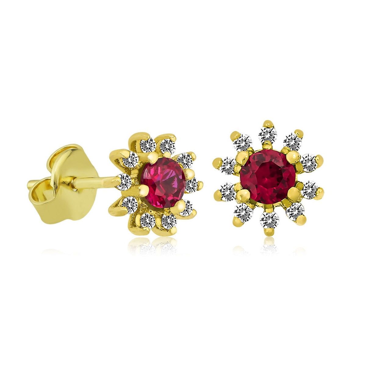 14K Gold Round Ruby Stud Earrings with Pave Diamond for Woman/ 14K Gold Round Ruby Flower Woman Stud Earrings/ Gift for Her/ Valentines Day
