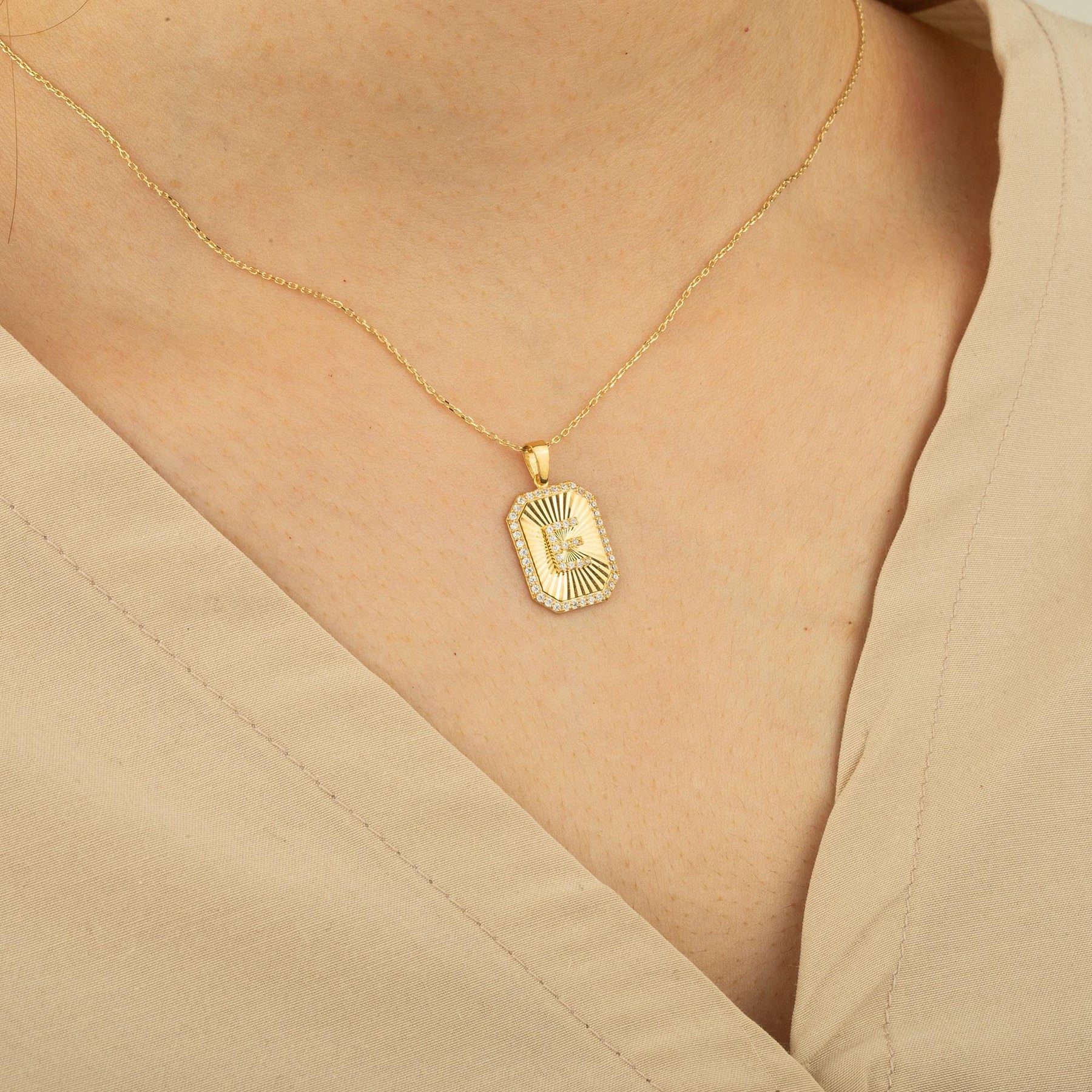 14K Gold Diamond Rectangle Initial Necklace – Signa