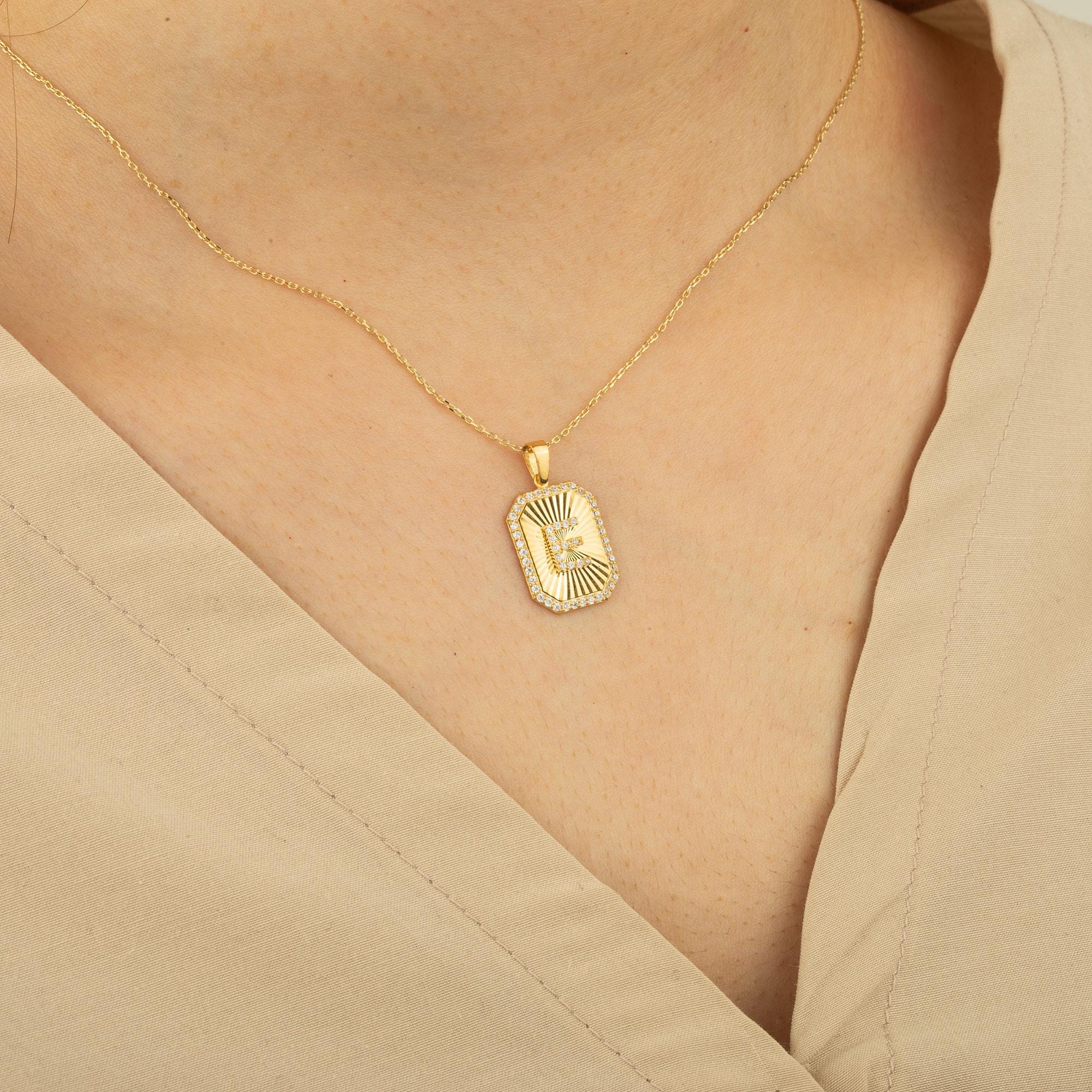 14K Gold Diamond Rectangle Initial Necklace – Signa