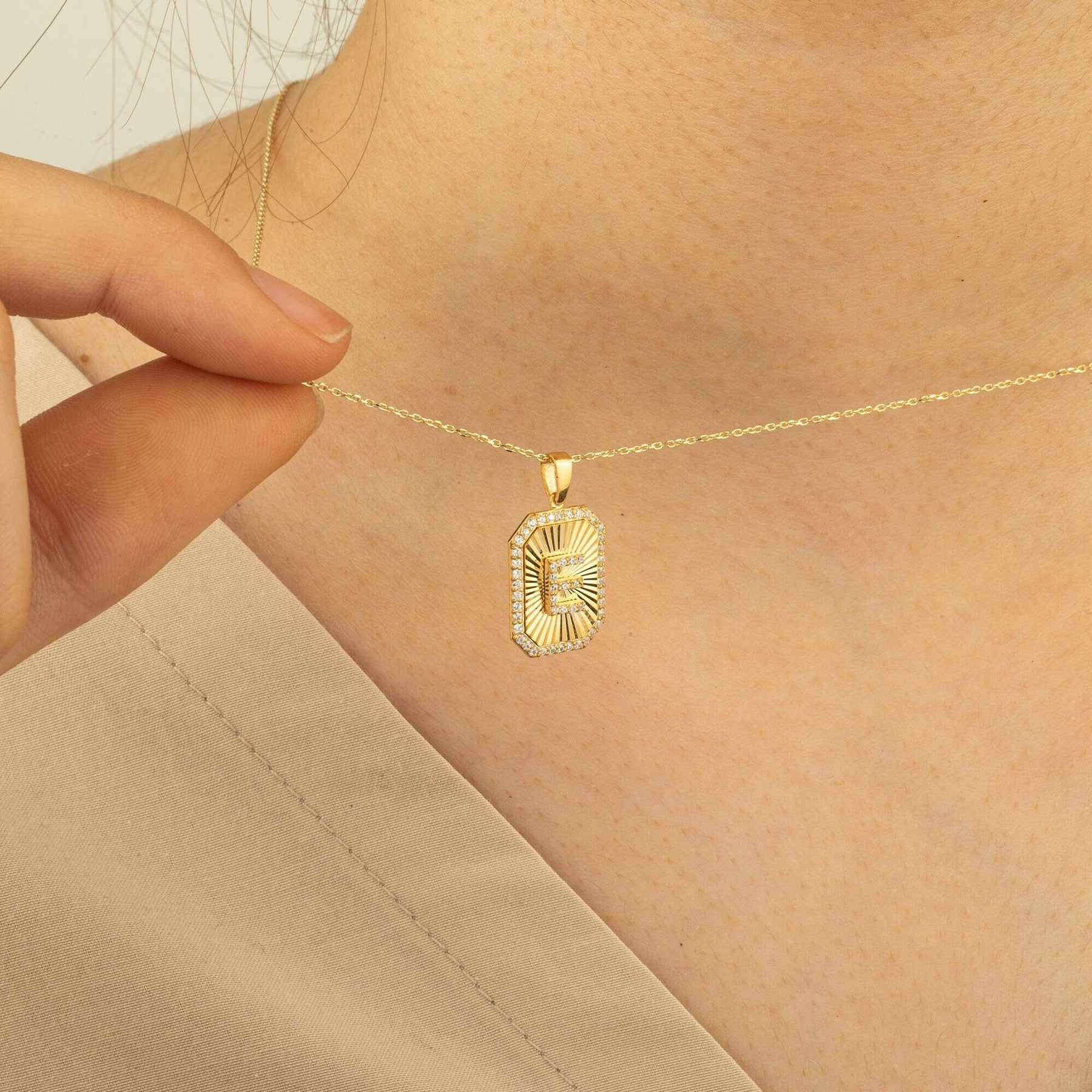 14K Gold Diamond Rectangle Initial Necklace – Signa