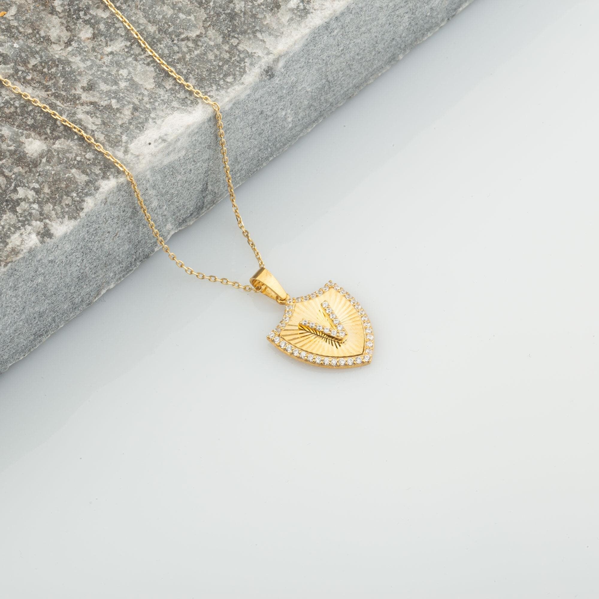 14K Gold Diamond Shield Initial Necklace – Signa