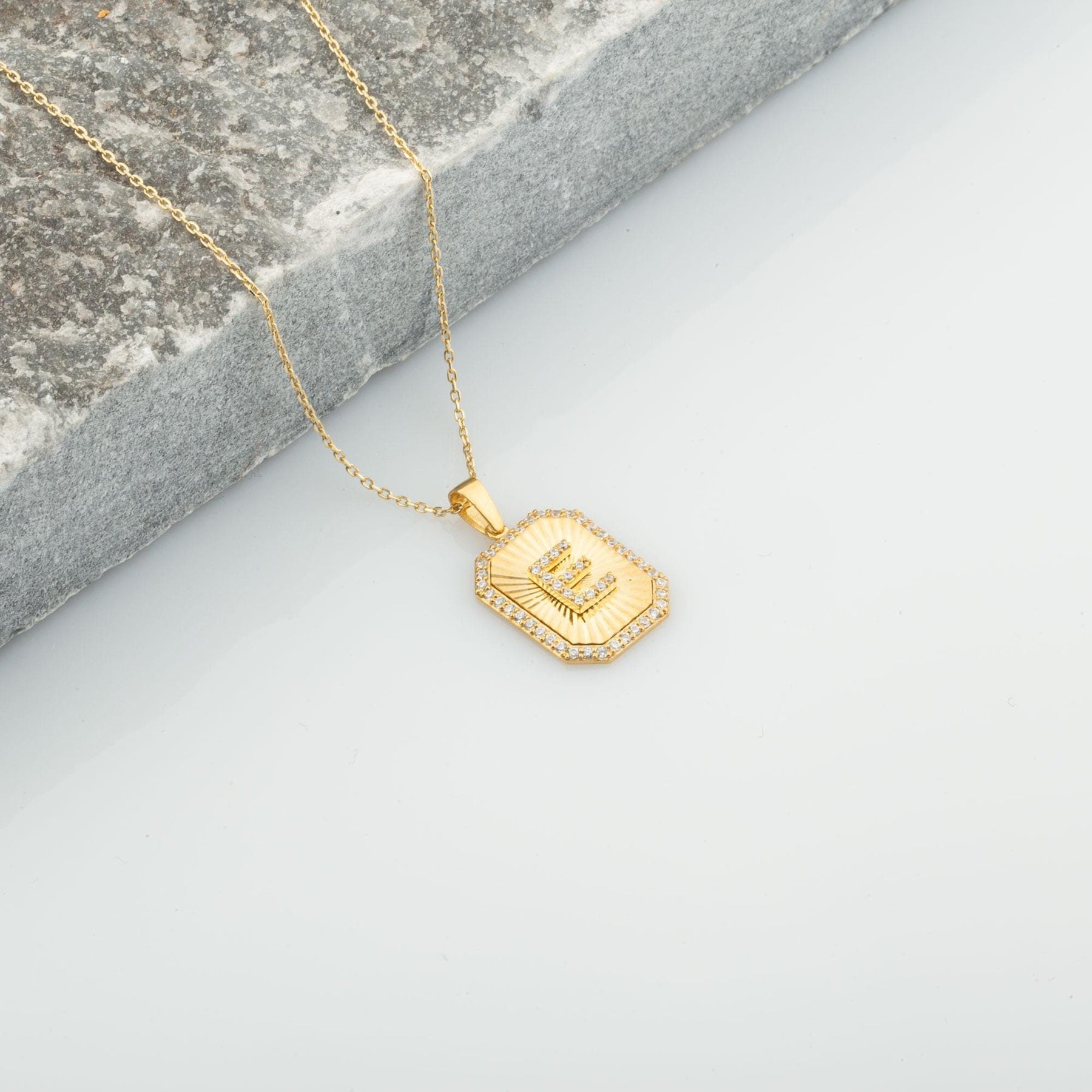 14K Gold Diamond Rectangle Initial Necklace – Signa