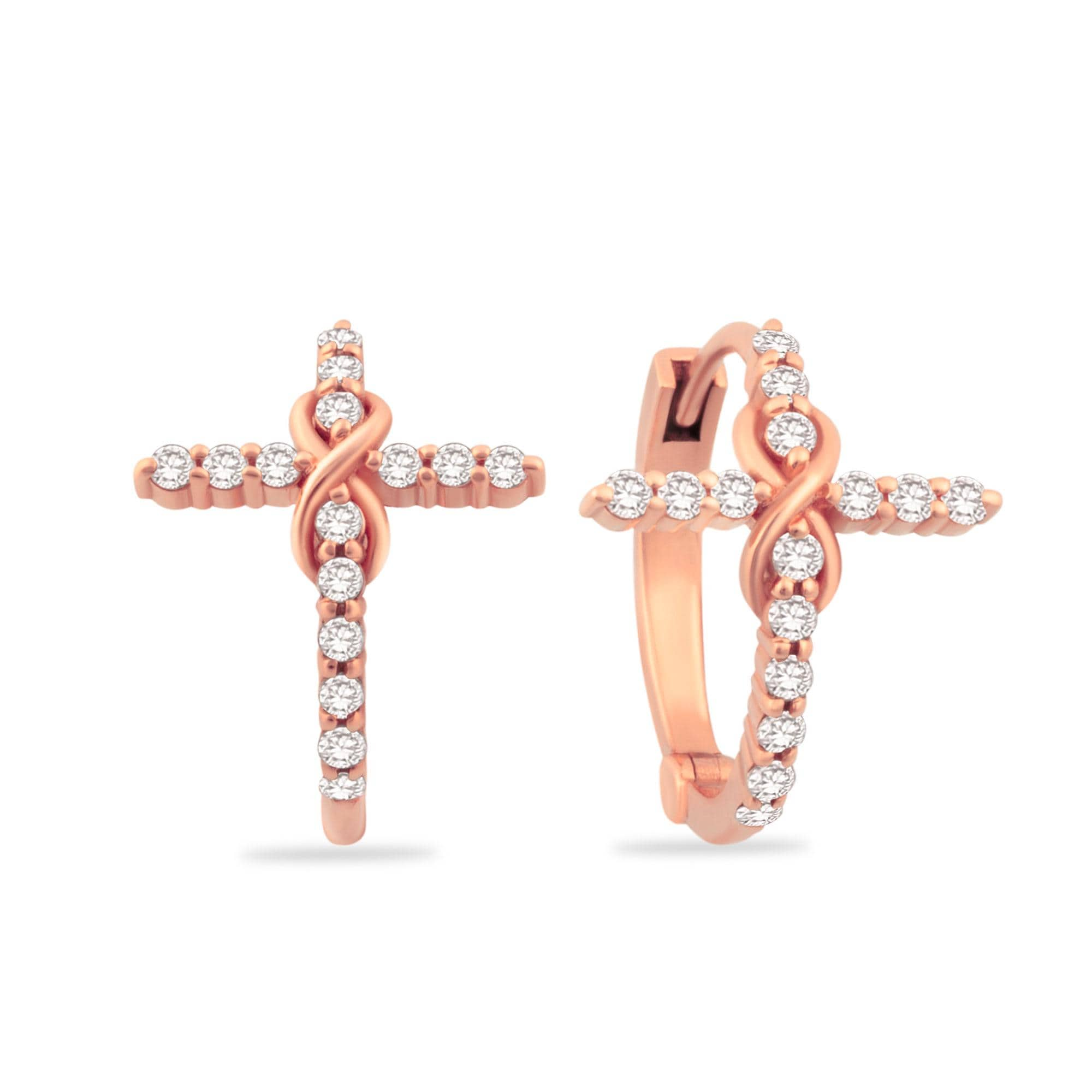 14K rose gold diamond hoop cross earrings with infinity motif, perfect for expressing infinite love with a warm and elegant tone.