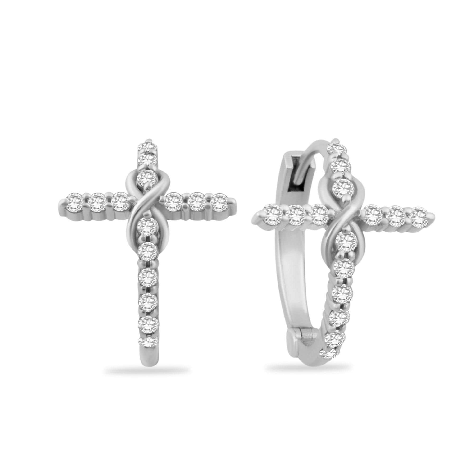 14K white gold diamond hoop cross earrings featuring an infinity-inspired design, showcasing cool tones and timeless charm.