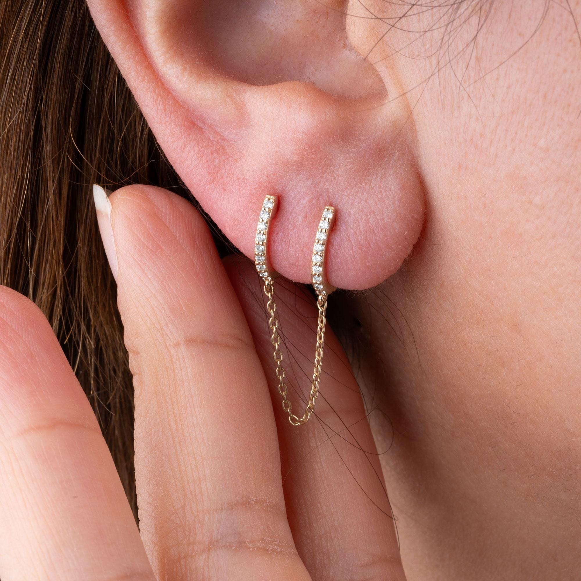 14K Gold Diamond Chain Link Hoop Earrings/ Double Hoop Earrings with Chain/ Dainty Gold Earrings/ Unique Linked Hoop Earrings/ Gift for Her