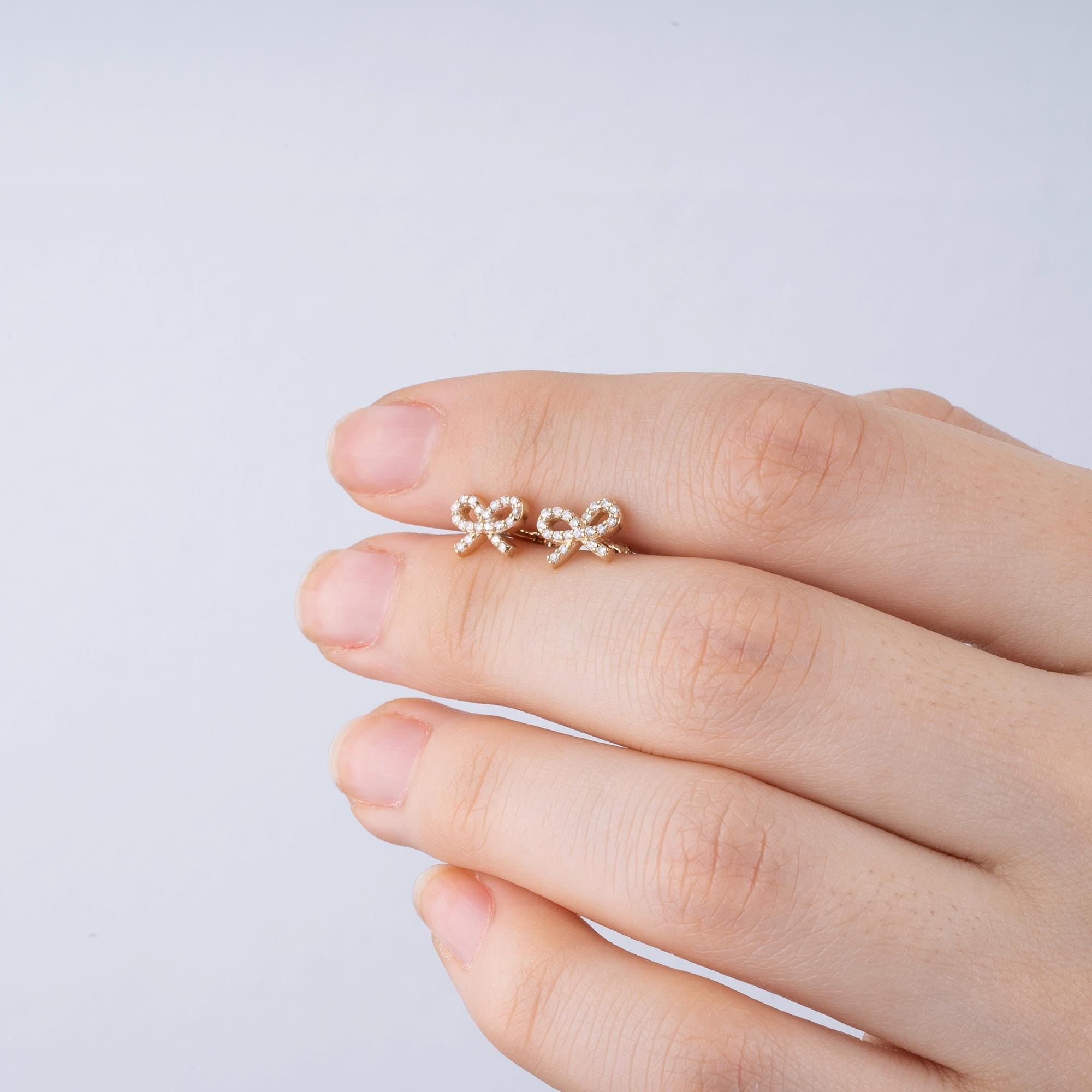 14K Gold Diamond Bow Stud Earrings/ Elegant Ribbon Earrings/ Dainty Gold Bow Earrings/ 14K Gold Diamond Earrings/ Fine Jewelry Gift for Her