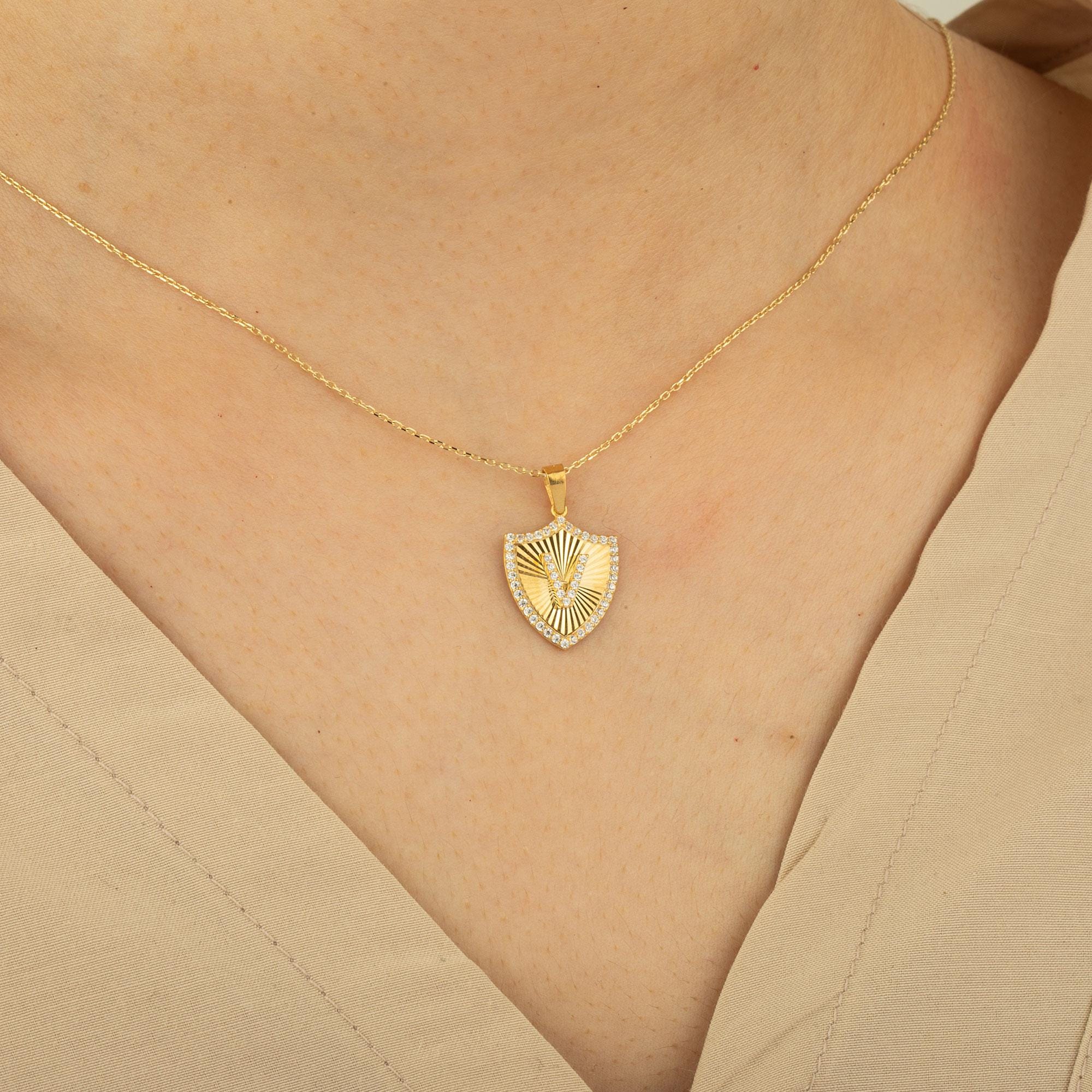 14K Gold Diamond Shield Initial Necklace – Signa