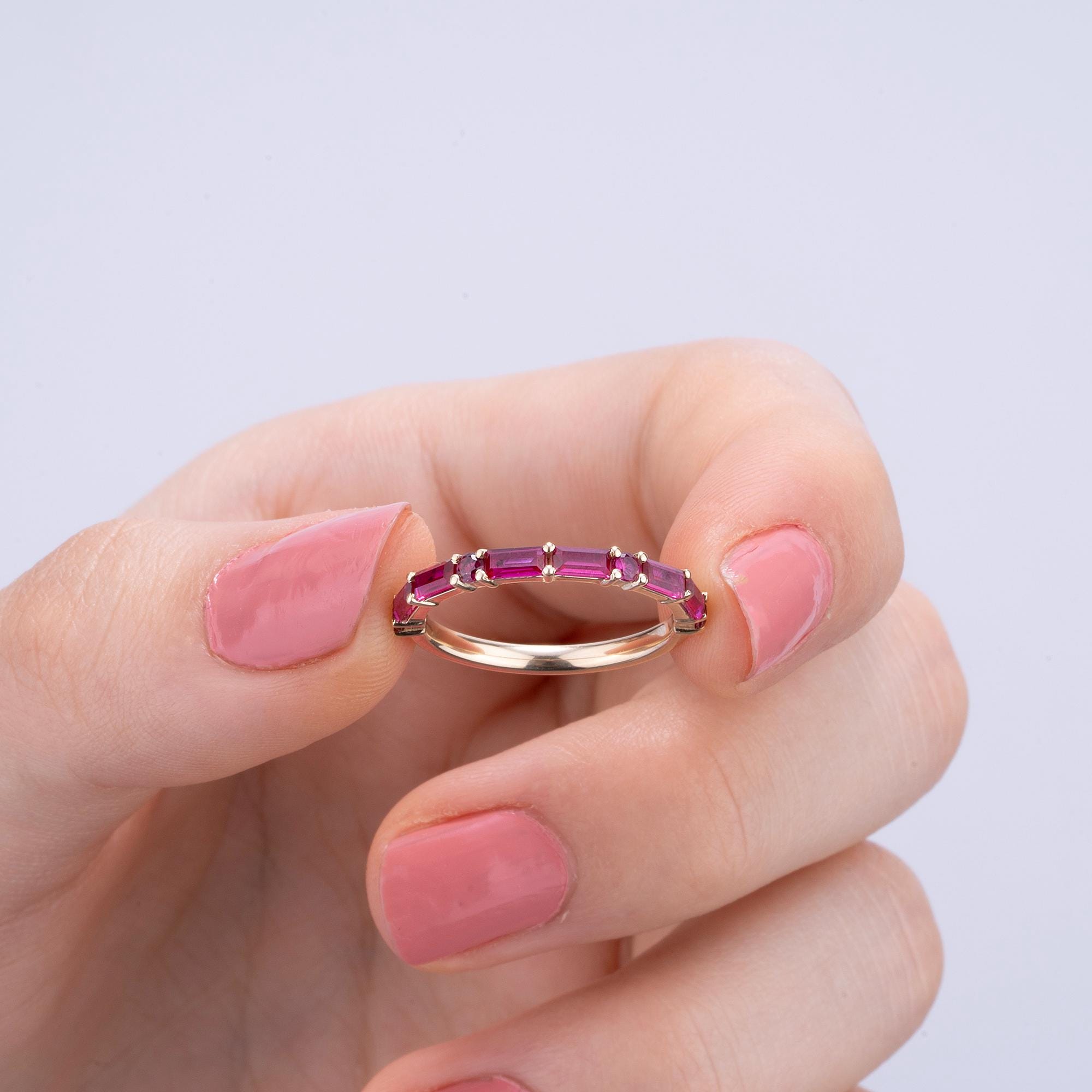 14K Gold Ruby for Woman Rings/ 14K Gold Ruby Thin Half Eternity Rings Gift for Her/ Gold Engagement Rings / Birthday Gifts/ Gift for Her