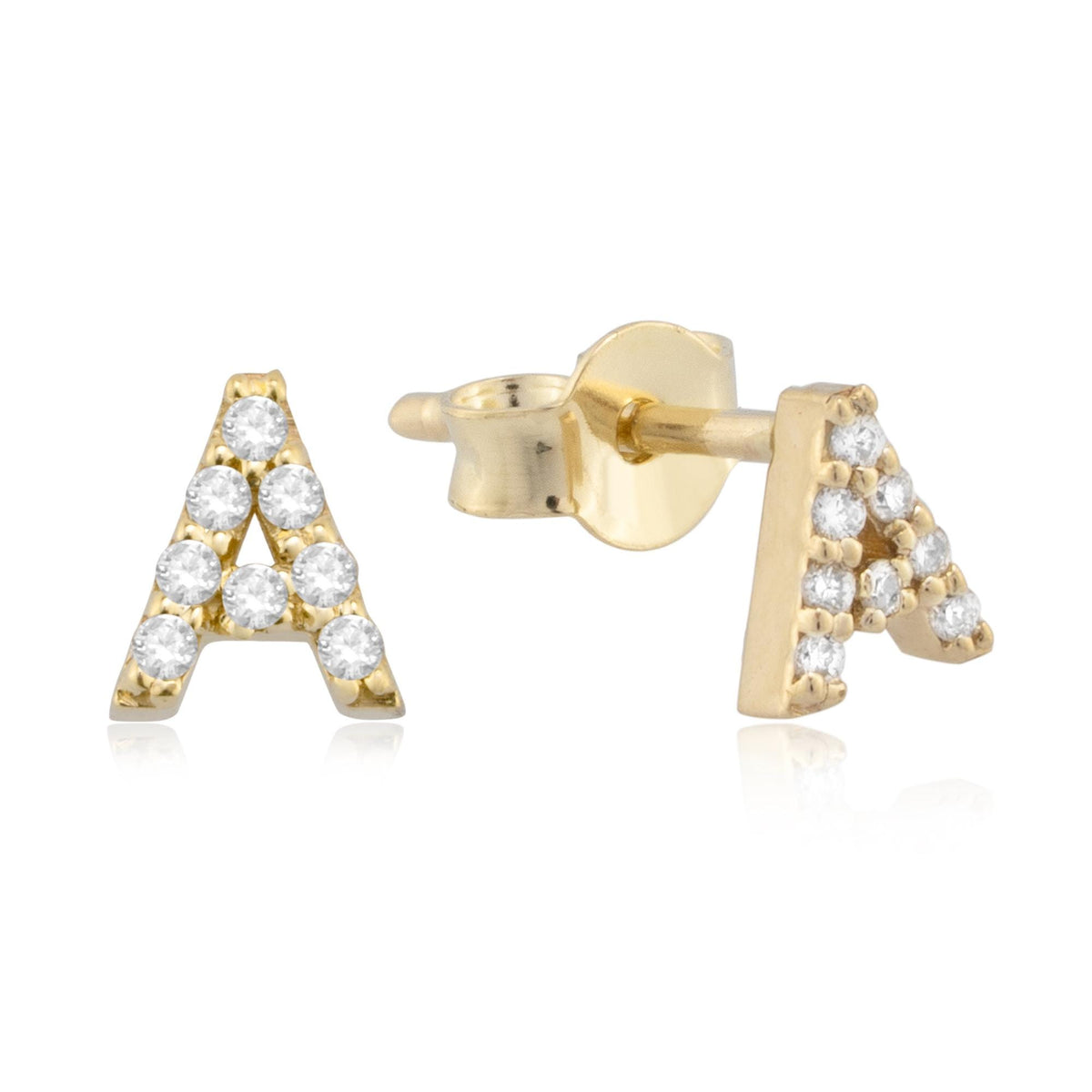 14K Gold Diamond Initial Stud Earrings featuring round-cut diamonds in a pave setting, personalized with the letter of your choice for a timeless look.