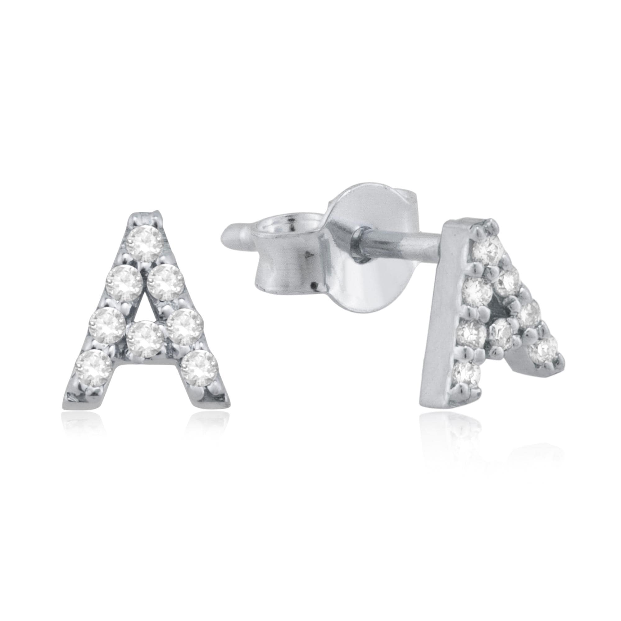 White Gold Letter A Initial Stud Earrings with 0.15 ct total weight diamonds, designed for personalized elegance and lasting shine.
