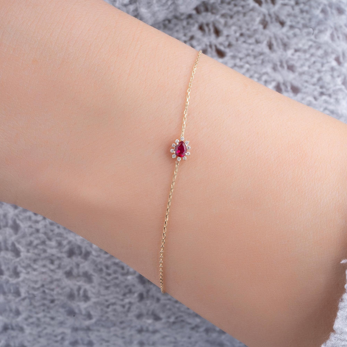 14K Gold Diamond Drop Cut Ruby Bracelet with Pave Diamond for Woman/Gold Diamond Flower Ruby Bracelets/ Gift for Her/ Mothers Day Gift