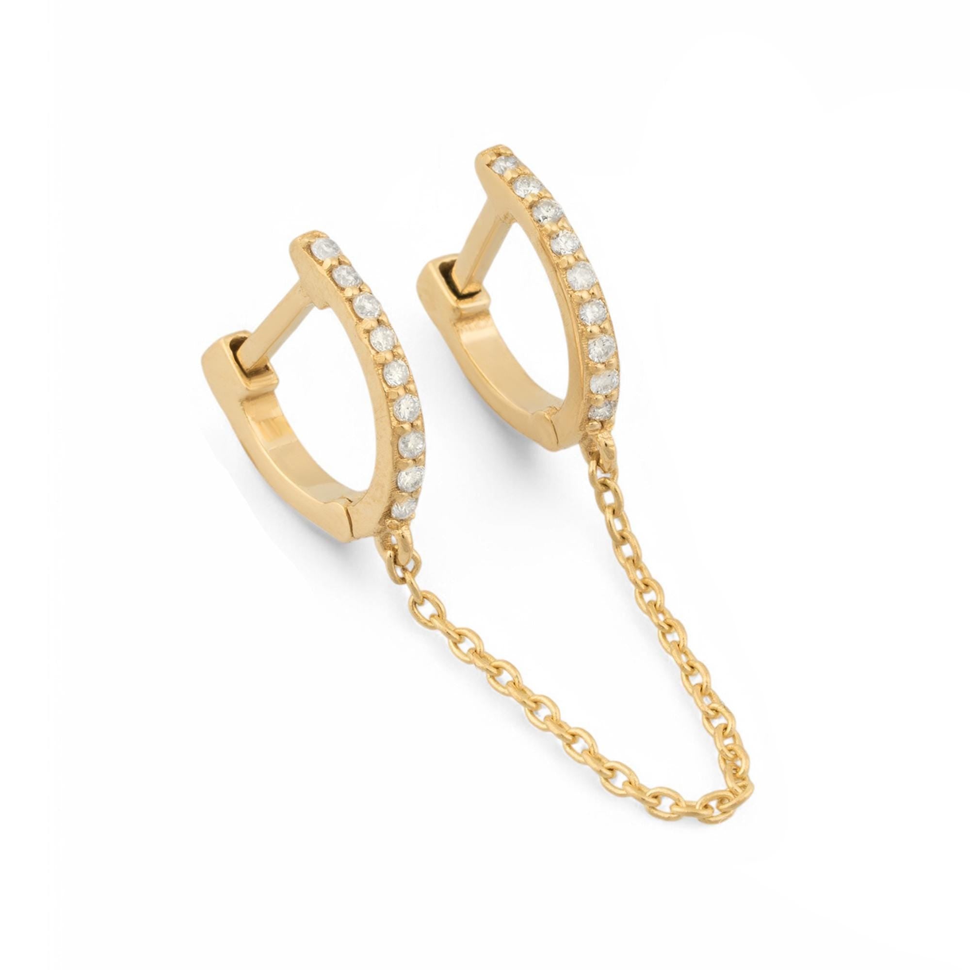 14K Gold Diamond Chain Link Hoop Earrings/ Double Hoop Earrings with Chain/ Dainty Gold Earrings/ Unique Linked Hoop Earrings/ Gift for Her